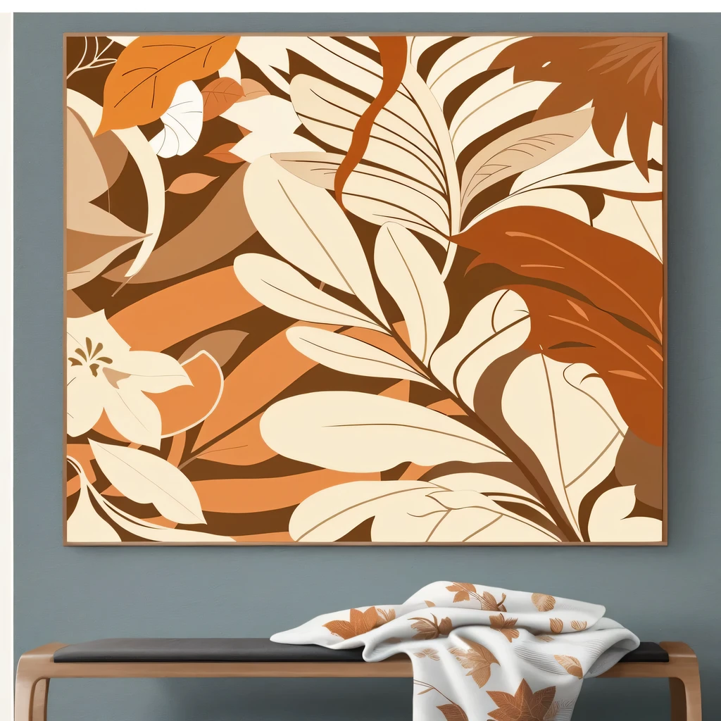 Close-up of a painting on the wall,There also a bench, canvas art print, Retro art style, brown flower, modern art style, warm color scheme art rendition, Elegant tropical print, Botanical motifs, Retro w 1 0 2 4, orange and brown Leaves for hair, canvas painting, botanic leaf, leaf, Earthy color, Detailed soft painting, Leaves