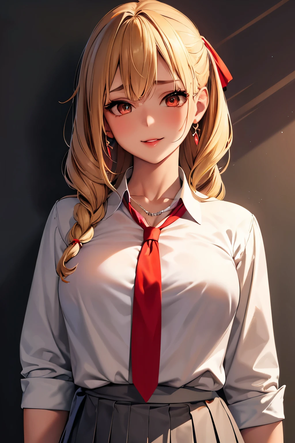 (extremely details CG, Unity, 8K Wallpaper extremely delicate and beautiful), (​masterpiece), (top-quality:1.0), (超A high resolution:1.0), ((perfect proportion shot:1.0)), beautiful vibrant lighting, realistic shadow, [high resolution], ((brown tanned skin)), cute face, round eyes, red contact lens, slanted angled brow, 17 years old, bold expression, naughty smile, red lips, ((blonde dyed hair)), ((tied up hair)), (((medium breasts size))), plumpy body shape, gyaru girl, high school classroom, colorful necklaces, colorful bracelets, earrings, ((white long sleeve shirt)), ((red ribbon tie)), ((pleated grey square motif skirt)), ((waist up shot))