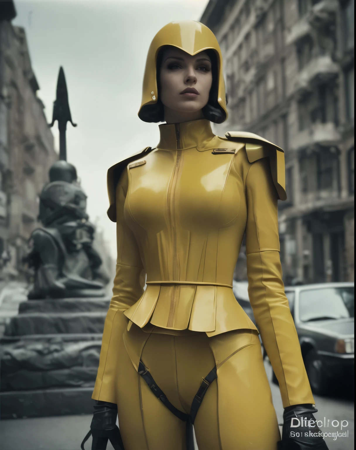 Mujer arafed con traje amarillo y casco parada en una calle., as a retro futuristic heroine, as a retrofuturistic heroine, ropa y casco futuristas, Calle futurista dieselpunk, mujer futurista de moda, Lady Dimitrescu, espectro de seda, Steven Klein, Futuristic shiny latex suit, dystopian sci fi costume, Vestimenta futurista, photography alexei gurylev, traje espacial amarillo