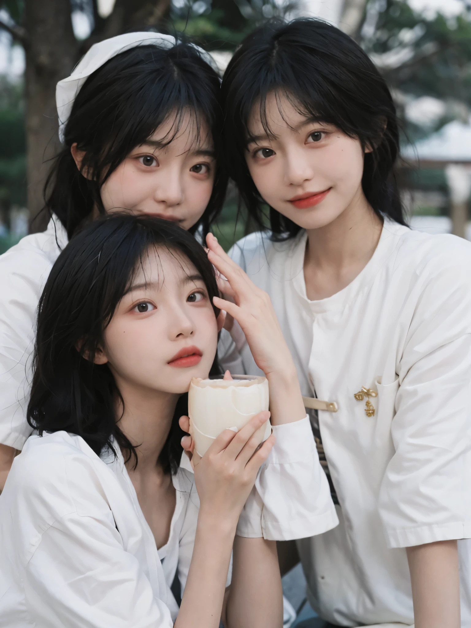best quality, ultra high resolution, White background,(Upper body:1.4)(realistically:1.4), 2 girls, gold short sleeves,twin,A pair of eyes as clear as snow,Royal sister,Pure girl,looking at the audience, close up ,