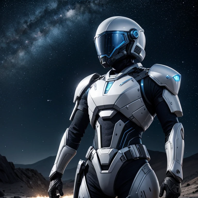 exoskeloton body armor alien style with helmet, white platinum shining, biotic super HD , organic material, landscape backgound starry night