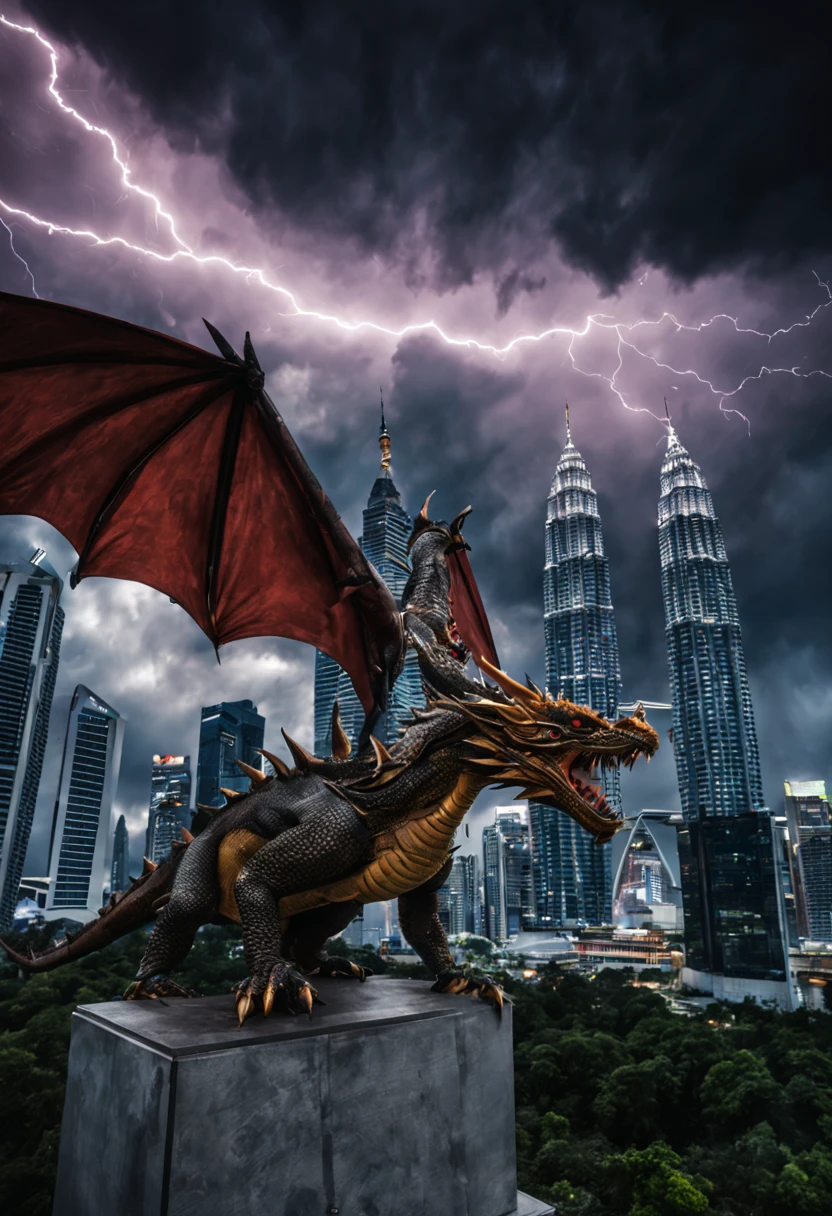 Hyperrealistic photography of a dragon Attacking KLCC, with stormy sky and lightning in the background while Malaysian Armed Forces fighting it.