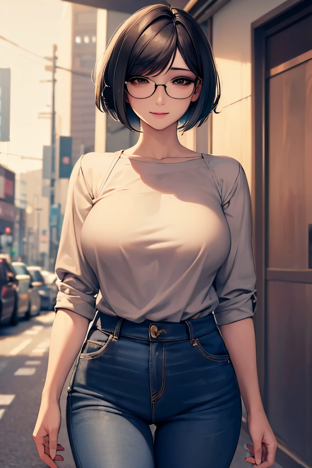 1girl, high resolution, masterpiece, extremely detailed, realistic, short jeans, white shirt, soaking, standing up, looking at viewer, cityscape, raining, slender figure, (tight clothes:1.7), uncomfortable, (blushing), short black hair, bright blue eyes, (tall:1.6), see through shirt, black bra