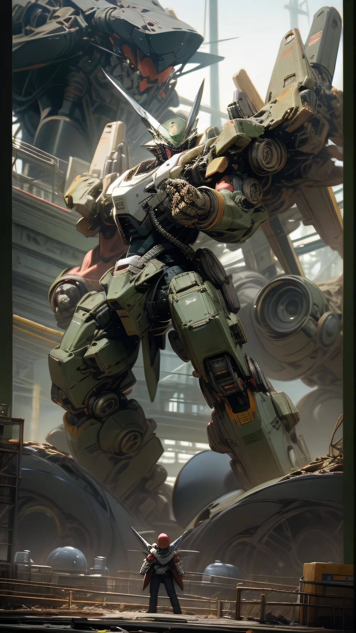 最high quality、best image quality、masterpiece、huge robot((Black body、huge propeller、missile pod、Gatling、two basics、Both arms、rugged design、floating in the air、strong body)),high quality、beautiful art、background((factory area)),pieces fly、Depth of written boundary、movie、visual art、perfect art、