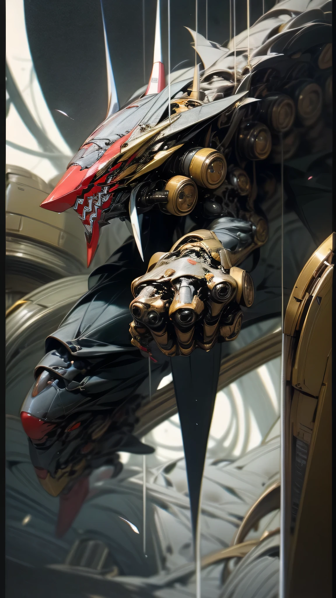 最high quality、best image quality、masterpiece、huge robot((Black body、huge propeller、missile pod、Gatling、two basics、Both arms、rugged design、floating in the air、strong body)),high quality、beautiful art、background((factory area)),pieces fly、Depth of written boundary、movie、visual art、perfect art、