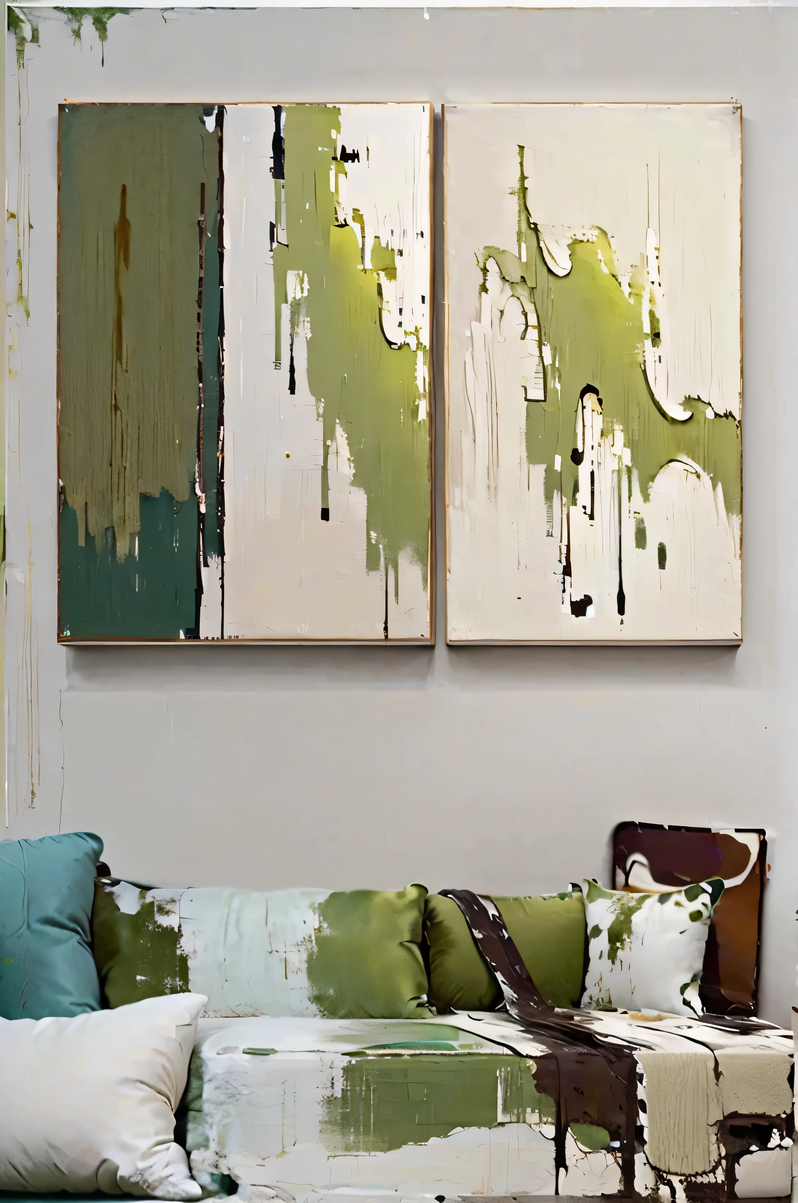 Close-up of living room with sofa and table, clean and elegant painting, The paintings are elegant and delicate, high quality painting, living room background wall, canvas painting, elegant green, high quality art, Organic Painting, minimalist painting, green and brown shades, canvas art, Thick painting, detailed painting, textured canvas, paintings on the wall
