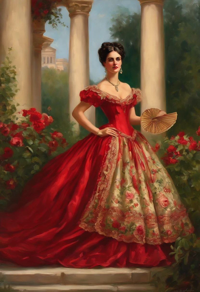 Painting of an exuberant woman in a ((red wedding dress in the Victorian era)), ((holding a red Spanish fan)), woman with a Spanish bun, in Spain, fine and delicate features, black hair, ((green eyes) ), delicate and sexy mouth, full body, in a garden with flowers and Greek columns