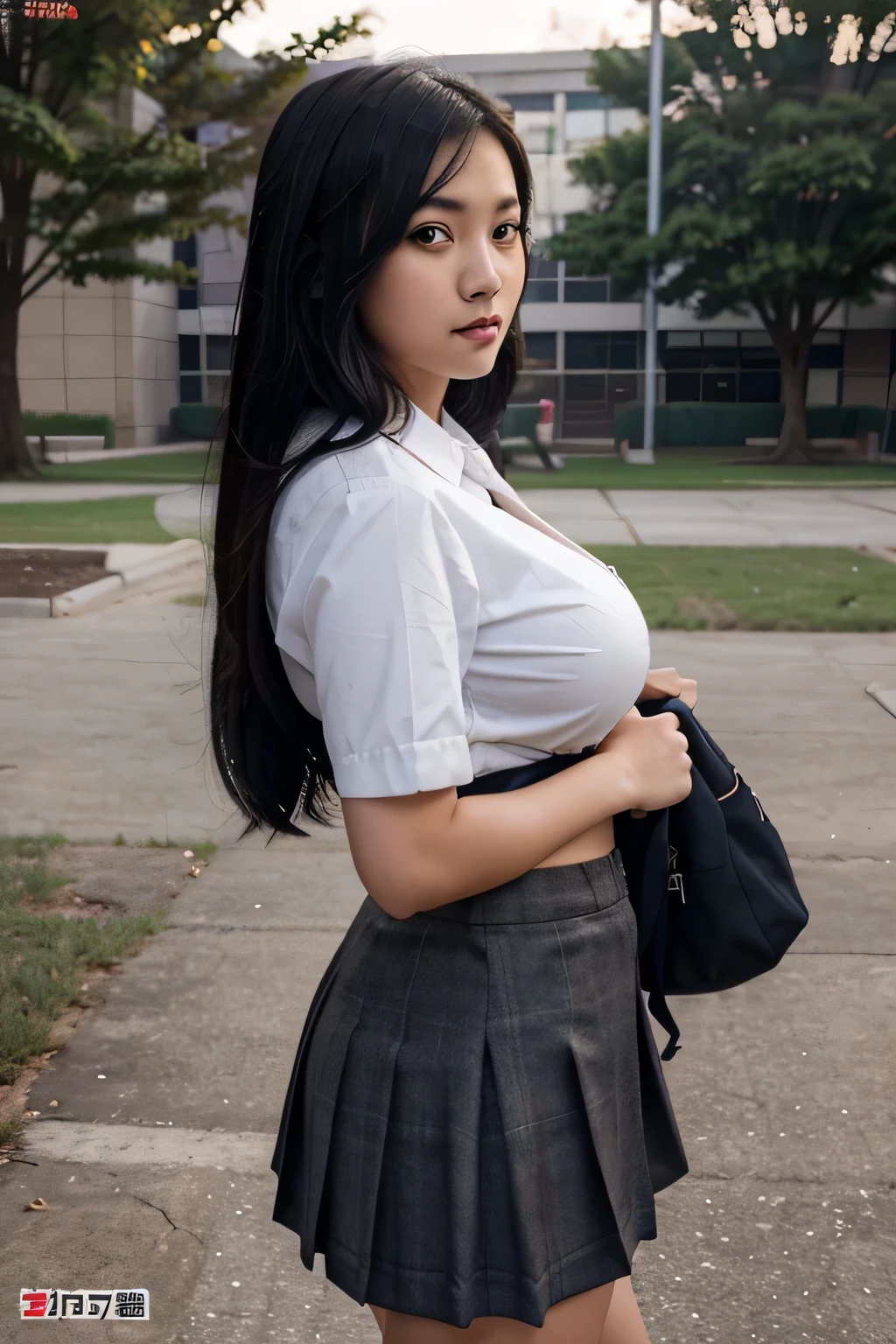 busty asian High school girl on the school yarD LOOKING AT A BOY SHE LIKES TALK TO ANOTHER GIRL. Cinematic lighting and the girl is beautlful with black hair, is shapely , busty with slim waist in school girl uniform