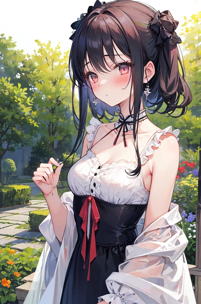 perfect human body,1 girl, (Very detailed background,garden), clavicle,European classical,victorian style shirt,((woman with fever)), , (blush:1.2),