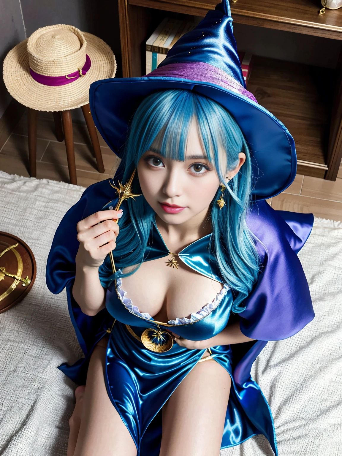 (photo realistic1.2),ultra detailed,(8K),(1girl),(Fantasy:1.5),(bed),Clothing with low sheen,(wizard costume:1.5),Enchanted Wands,Sorcerer's Spellbook,(Wizard's Hat:1.2),topless, (small nipples), (big breasts: 1.2),gravure, beautiful Japanese, clothes in disarray,earrings,(from above:1.5),(looking at viewer),(kneeling pose),smirk,(upper body),(spread legs:1.2),(blue hair),(half-up, half-down),22years old,