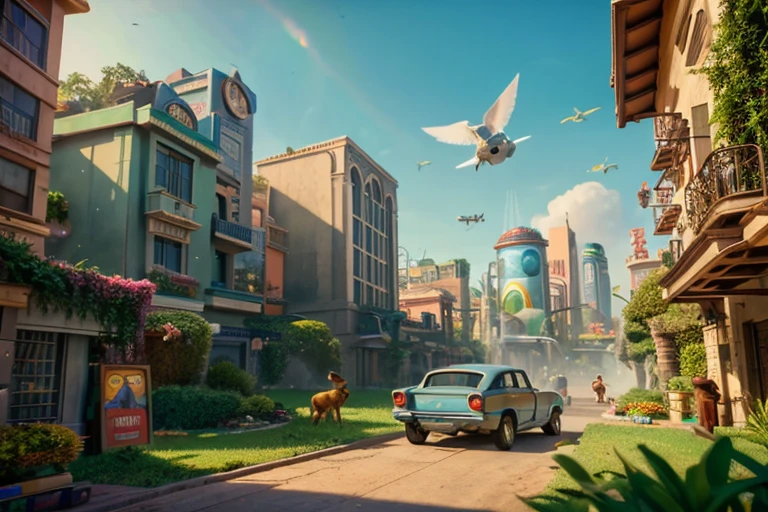 The world of the near future, the house is floating in the air, flying car, Animals like Zootopia live like humans, Wide world, clean plants and water, animals are pixar style, city, Mr.々animals coexist, 8k, clearly depicted