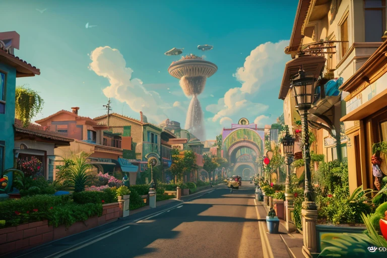 The world of the near future, the house is floating in the air, flying car, Animals like Zootopia live like humans, Wide world, clean plants and water, animals are pixar style, city, Mr.々animals coexist, 8k, clearly depicted
