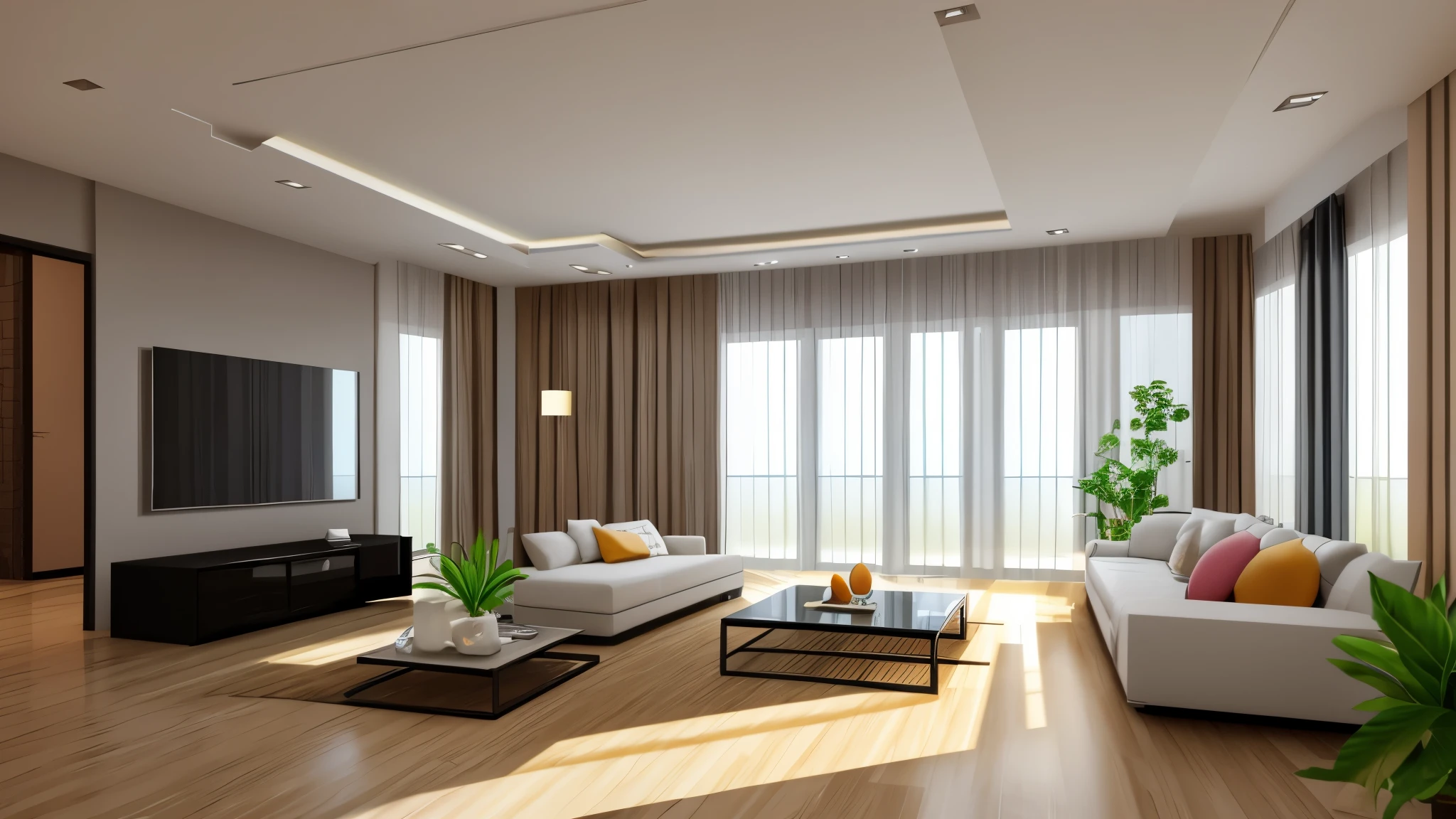 You are a famous interior designer、You have been asked to create a 3D image of a modern large room. Create a harmonious environment with modern and minimalist furniture. Including garden interior.