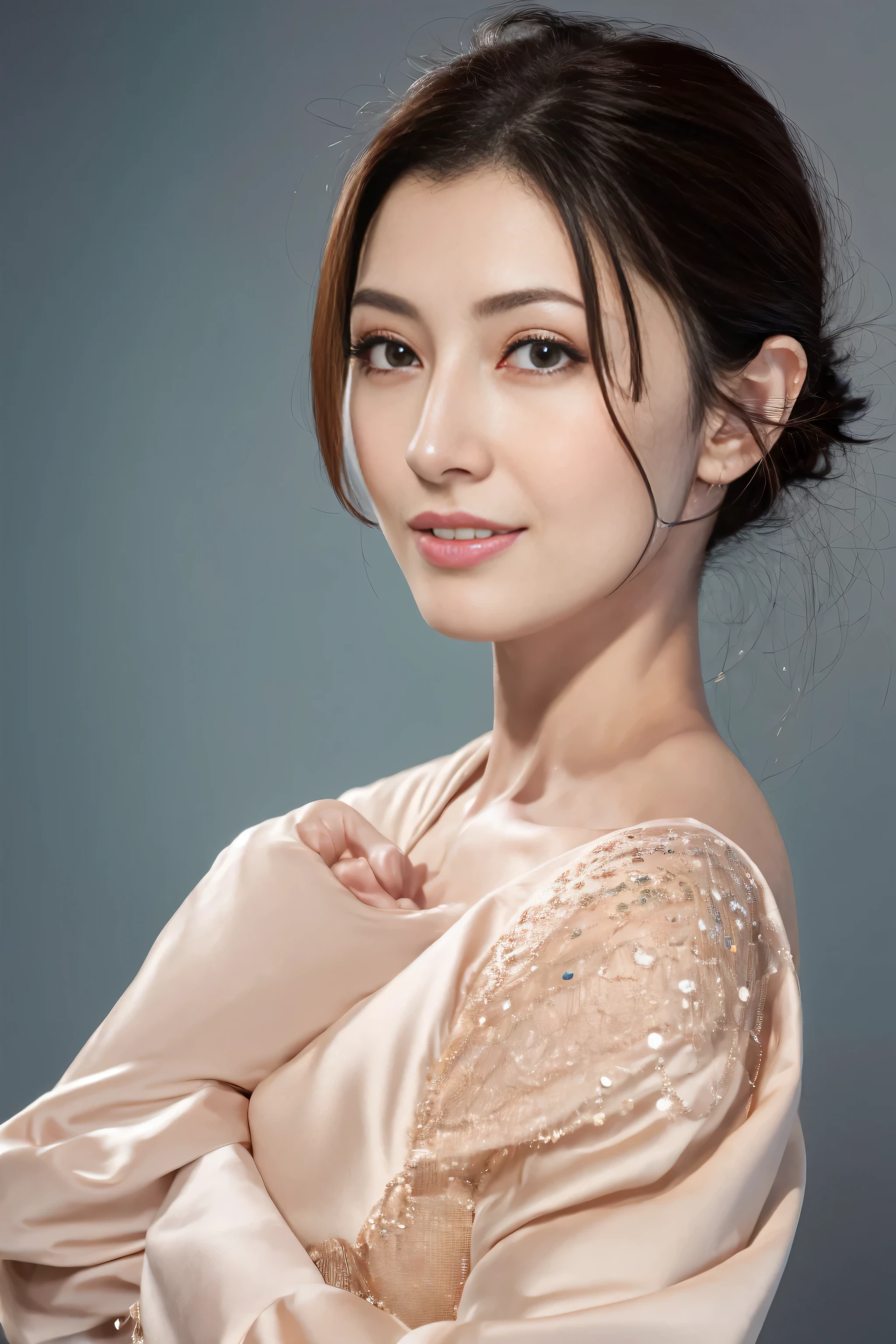 (8k、original photography、quality、masseter membrane:1.2)、super detailed、super resolution、(actual、real picture:1.37)、abortion、HD RAW color photography、Professional photography、hVery detailed and beautiful、Very detailed、8K picture wallpaper、Stunningly detailed、File size huge、official art、HVery detailed CG Unity 8k wallpaper HVery detailed womas、Handsome profile of a 20-year-old woman, Very nice eyes、highly refined skin、Very detailed nose、Very detailed的嘴巴、perfect anatomy、background、detailed clothing、White skin、glitter on the skin、Charming potty、huge tits、A black-haired one、half length、a smile、lifelike face、exquisite eyes、sauce order、looking at camera、cowboy shooting、front、standing exercise posture、dynamic lighting