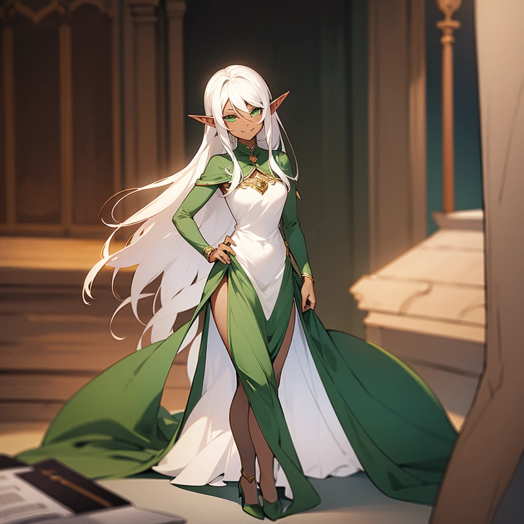 (((Elf Woman Dark skin))),(((white hair))),(((green eyes))), (body with light and proportional curves),(((wearing a pretty dress))),(((sweet smile)),(((Alone)))