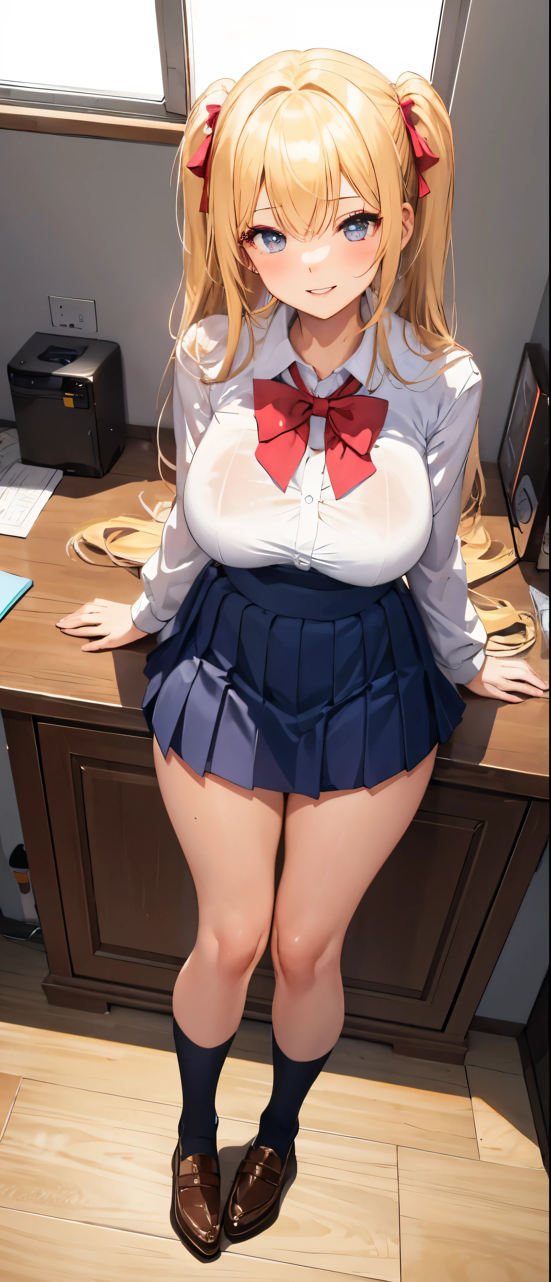 1girl in, Parted lips, blush, makeup, lightsmile, School uniform, Full body, Wide Angle, From above, crass room, llight rays, Glow, thighs thighs thighs thighs, 鎖骨, Narrow waist, (masutepiece), Wallpaper,Beautiful skins、twin-tail hair、Bright blonde hair , 18-years old