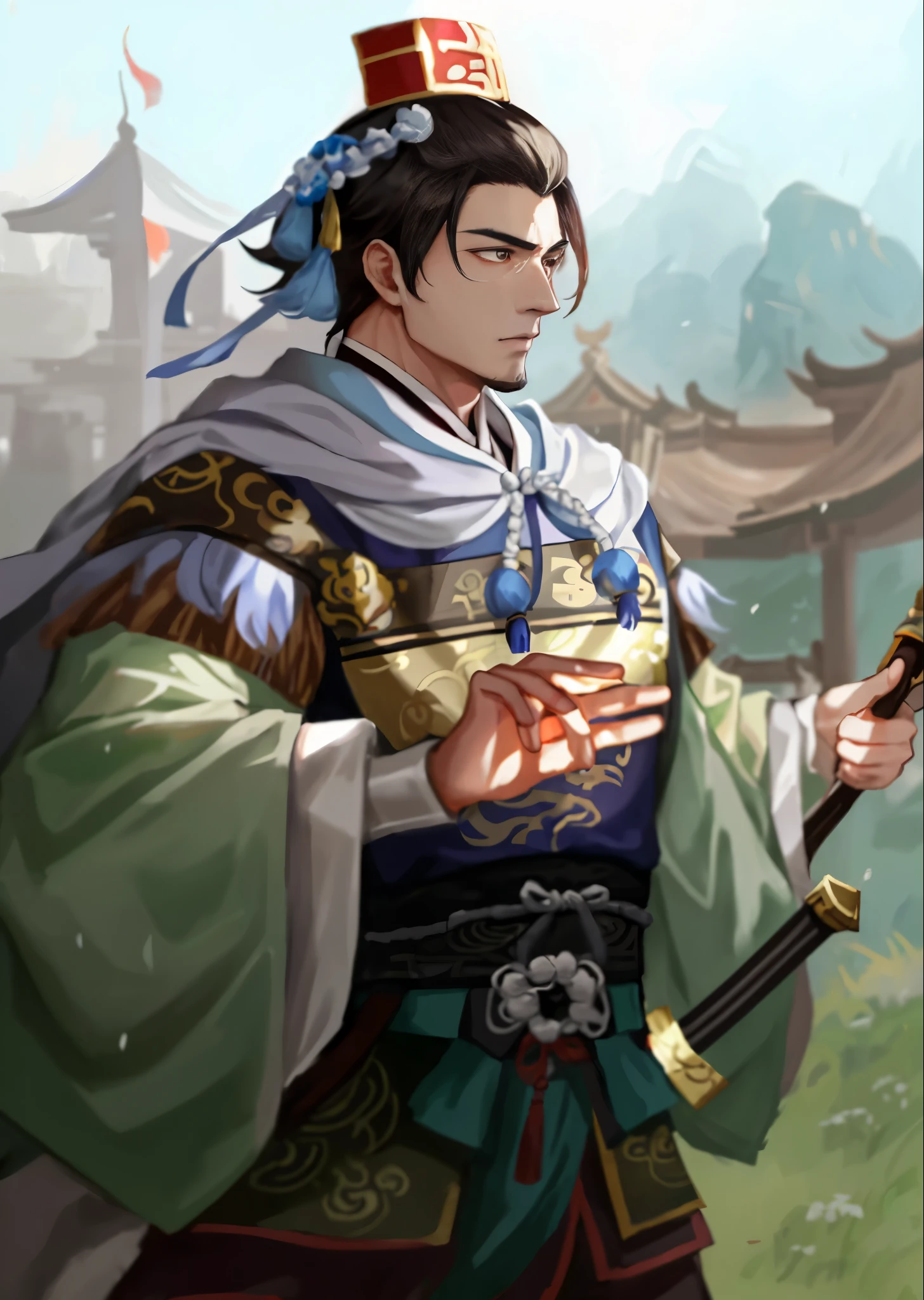 A man wearing traditional Chinese clothing、French and German image of man holding sword, zhao yun, Inspired by Fan Kuan, feng shu, bian lian, Inspired by Zhao Yuan, inspired by Li Rongjin, xianxia hero, liang xing, pan ren wei, Inspired by Li Kan, inspired by Wuzhun Shifan，three kingdom，Unparalleled in the Three Kingdoms，Chinese general