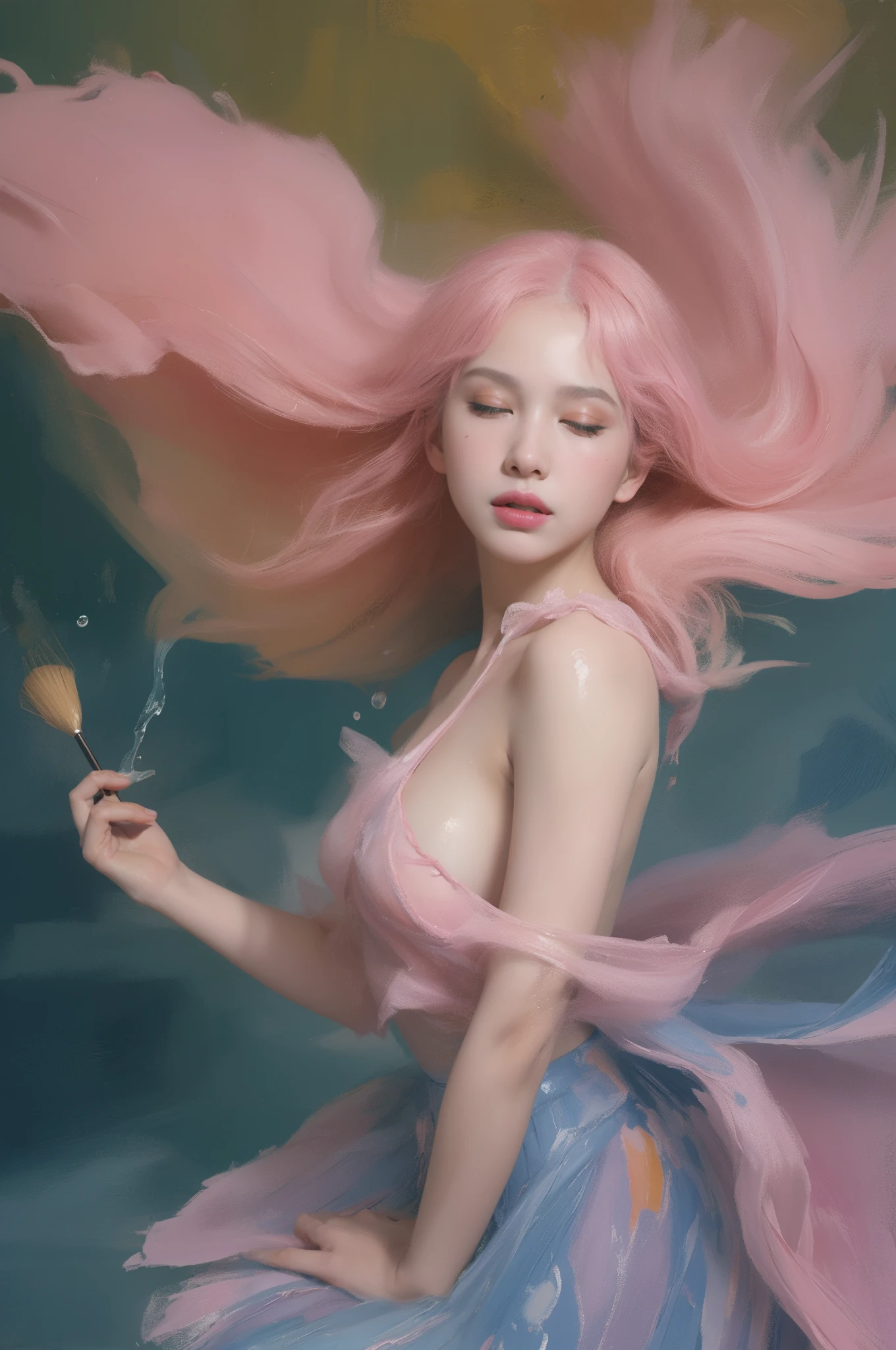 (oil painting:1.5), (NSFW:1.2), a woman joyfully twirling in the raining paint, paint raining, thick paint rainbow hair, body covered with paint, joyful, ((sfw)), calm facial expression, relaxed, gentle smile, (clothes made of liquid paint)), front view, ((small breasts, relaxed face, relaxed shoulders)), ((dynamic pose)), liquid details, correct anatomy, both arms visible, ((top-quality, 8K)), (Realistic), (Face Focus: 1.1), (blue and pink: 1.3), Kawaii Girl, short-hair,
Hair fluttering in the wind, Facing to the side, Look up at your face, Eyes closed, (Sleeveless: 1.1)、Skirt, D Cup Breasts, Countless soap bubbles, (oil painting:1.5), (NSFW:1.2), a woman joyfully twirling in the raining paint, paint raining, thick paint rainbow hair, body covered with paint, joyful, ((sfw)), calm facial expression, relaxed, gentle smile, (clothes made of liquid paint)), front view, ((small breasts, relaxed face, relaxed shoulders)), ((dynamic pose)), liquid details, correct anatomy, both arms visible, ((top-quality, 8K)), (Realistic), (Face Focus: 1.1), (blue and pink: 1.3), Kawaii Girl, short-hair, Hair fluttering in the wind, Facing to the side, Look up at your face, Eyes closed, (Sleeveless: 1.1)、Skirt, D Cup Breasts, Countless soap bubbles,
