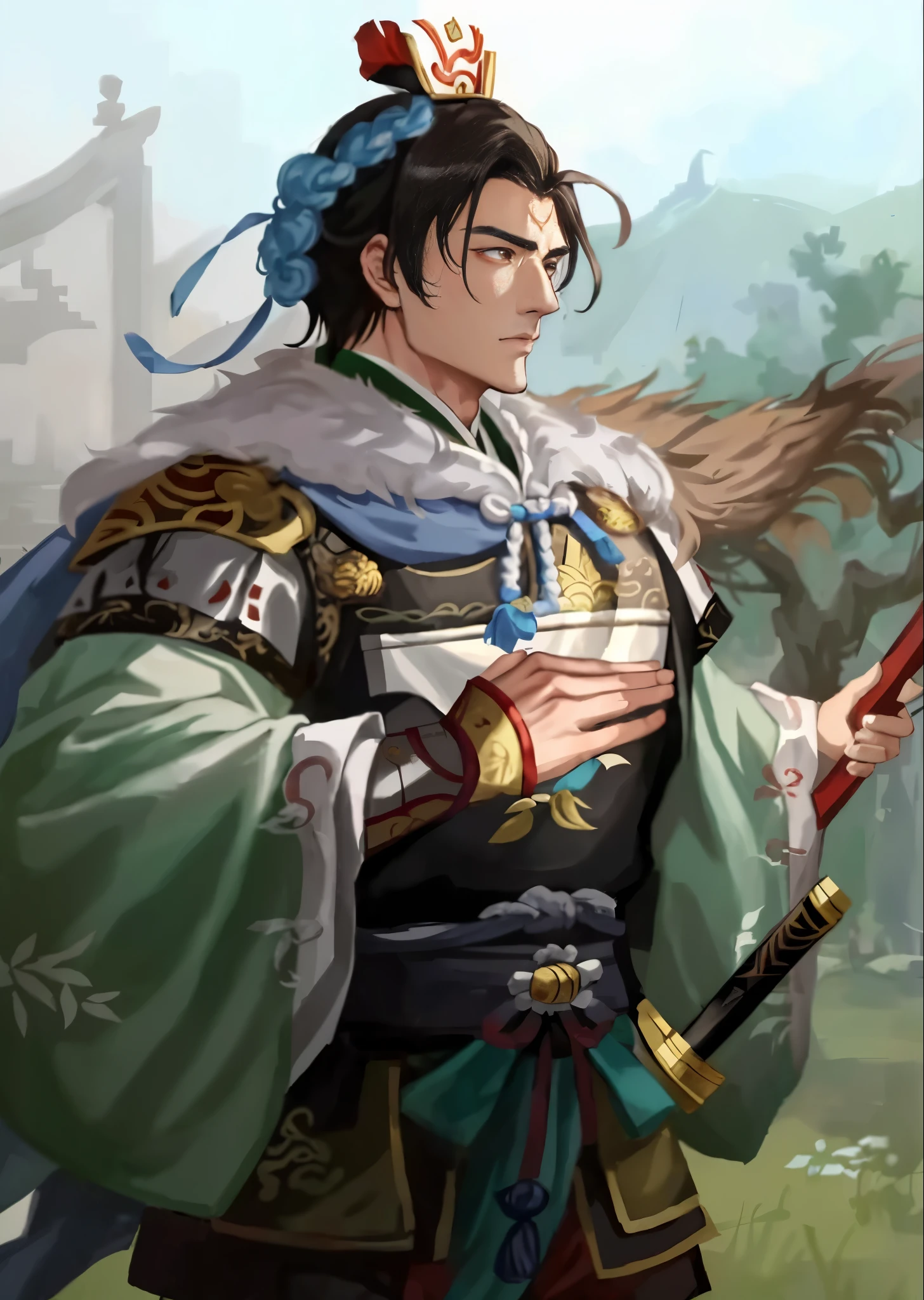 A man wearing traditional Chinese clothing、French and German image of man holding sword, zhao yun, Inspired by Fan Kuan, feng shu, bian lian, Inspired by Zhao Yuan, inspired by Li Rongjin, xianxia hero, liang xing, pan ren wei, Inspired by Li Kan, inspired by Wuzhun Shifan,three kingdom,Unparalleled in the Three Kingdoms,Chinese general