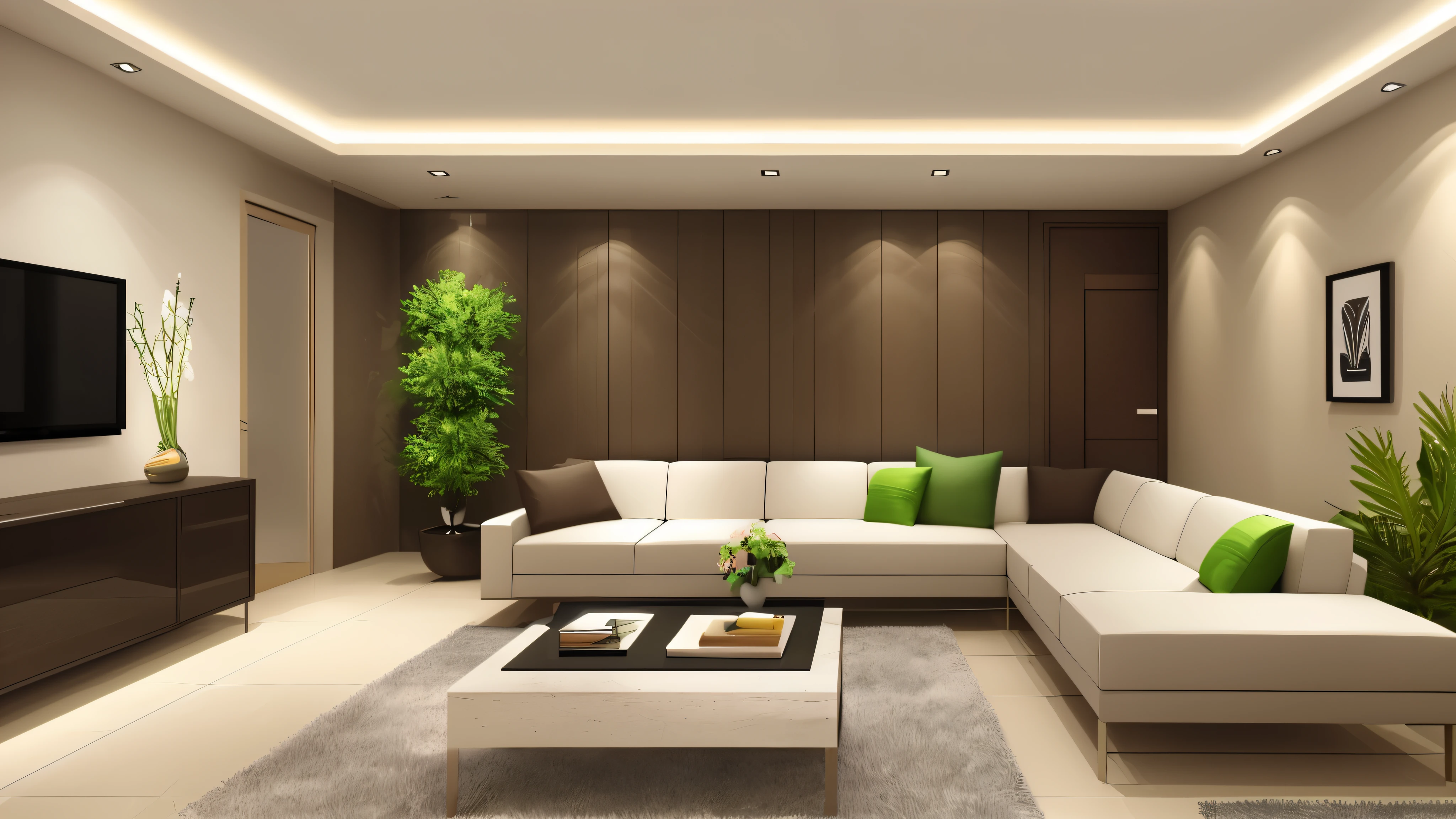 You are a famous interior designer、You have been asked to create a 3D image of a modern large room. Create a harmonious environment with modern and minimalist furniture. Including garden interior.