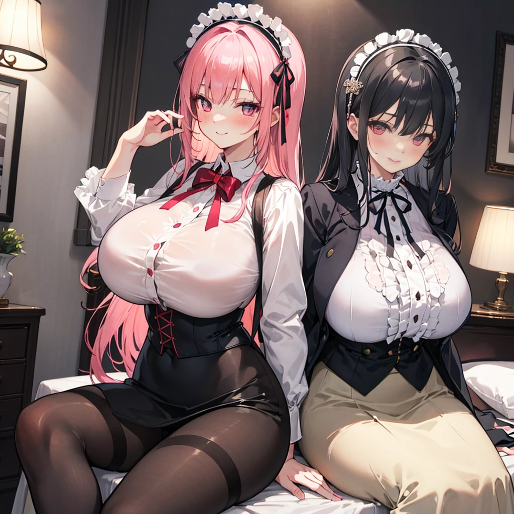 perfect human body,2 women,sisterature and intellectual woman, (Very detailed background,bedroom), ,long hair,hair accessories,huge tits,translucent,victorian shirt and skirt,sharp eyes,Smile,(blush:1.2),