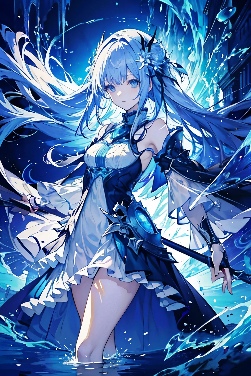 anime girl walking on water, beautiful fantasy anime, high detailed official artwork, azure sliver haired deity, shadowverse style, anime goddess, nightcore, detailed key anime art, official artwork, masterpiece goddess of water, anime fantasy illustration, detailed digital anime art, epic light novel art cover, from the arknights videogame, anime fantasy artwork, serene background, water ripples when walking, delicate yet beautiful dress