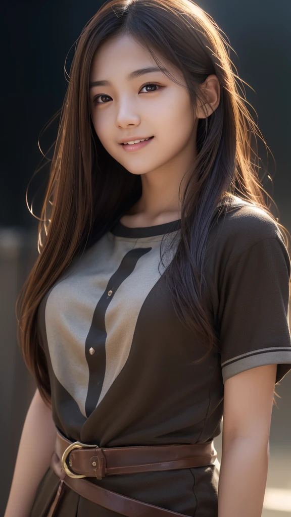 (front focus),(in the dark:1.6), japanese female, 18 years old, brown eyes, brown iris, soft and cremy skin, Hyperrealist portrait of female,fantasy art, photo realistic, dynamic lighting, artstation, poster, volumetric lighting, very detailed faces, 8k, award winning, 1girl, (official clothing:1.4) , long straight brown hair, smiling eyes