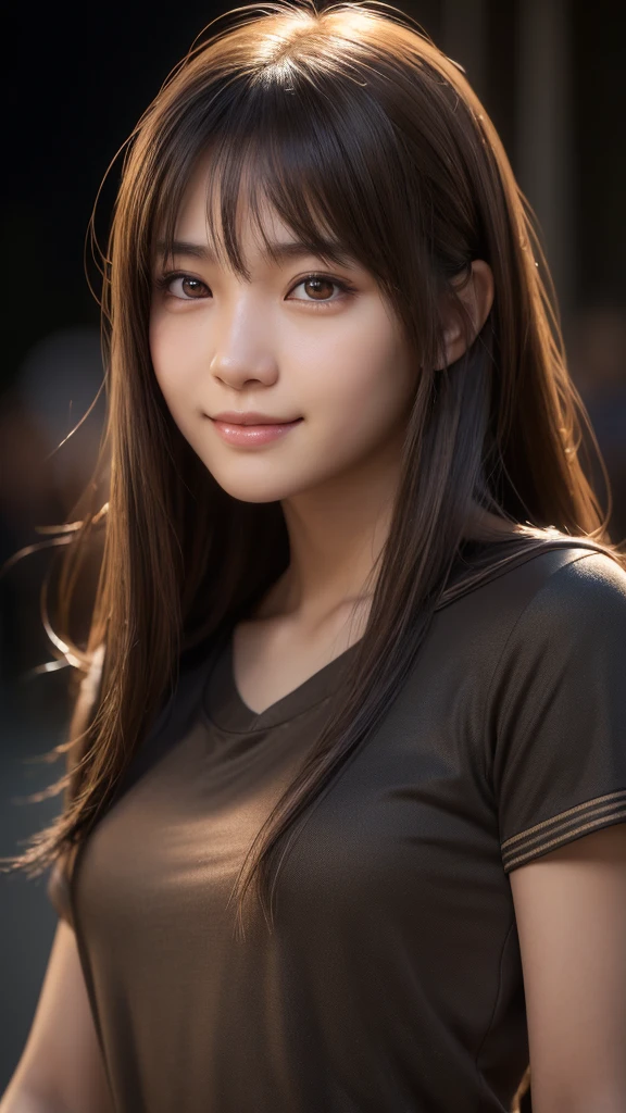 (front focus),(in the dark:1.6), japanese female, 18 years old, brown eyes, brown iris, soft and cremy skin, Hyperrealist portrait of female,fantasy art, photo realistic, dynamic lighting, artstation, poster, volumetric lighting, very detailed faces, 8k, award winning, 1girl, (official clothing:1.4) , long straight brown hair, smiling eyes