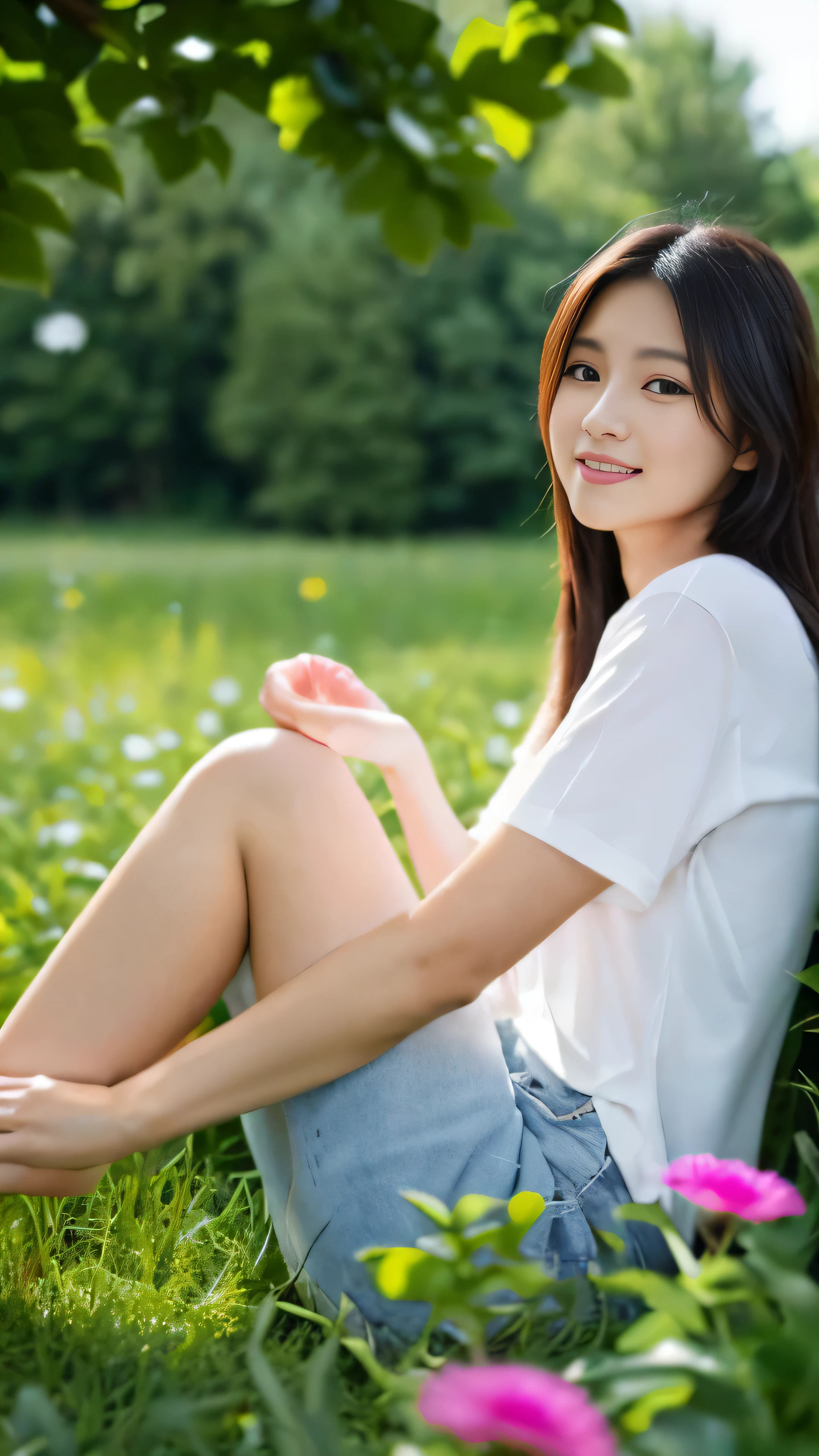 (masterpiece, highest quality), One girl with long white hair sitting in a field of green plants and flowers, Warm moonlight, blurred foreground, pink shirt，river bank, denim shorts, High-definition images,