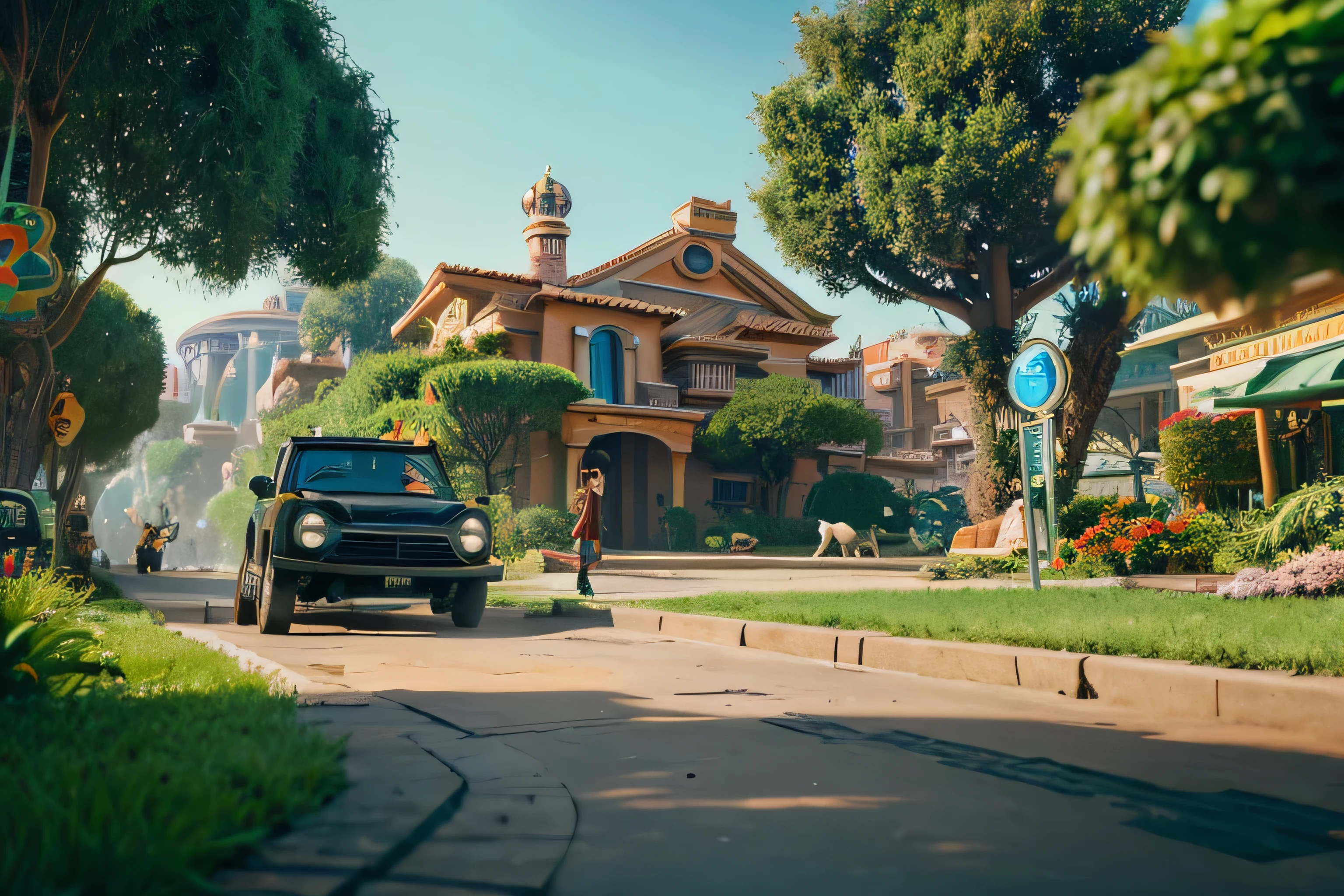 The world of the near future, the house is floating in the air, flying car, Animals like Zootopia live like humans, Wide world, clean plants and water, animals are pixar style, city, Mr..々animals coexist, 8K, Clearly drawn