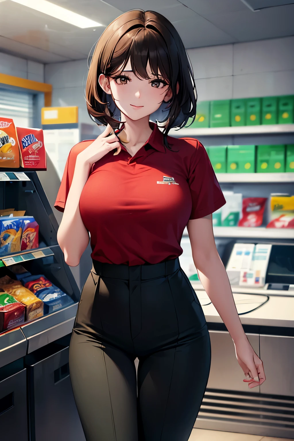 Cashier girl, crop top cashier uniform, showing navel, supermarket, behind the cashier, exposed abdomen area, bellybutton, long skirt, 33 years-olds
