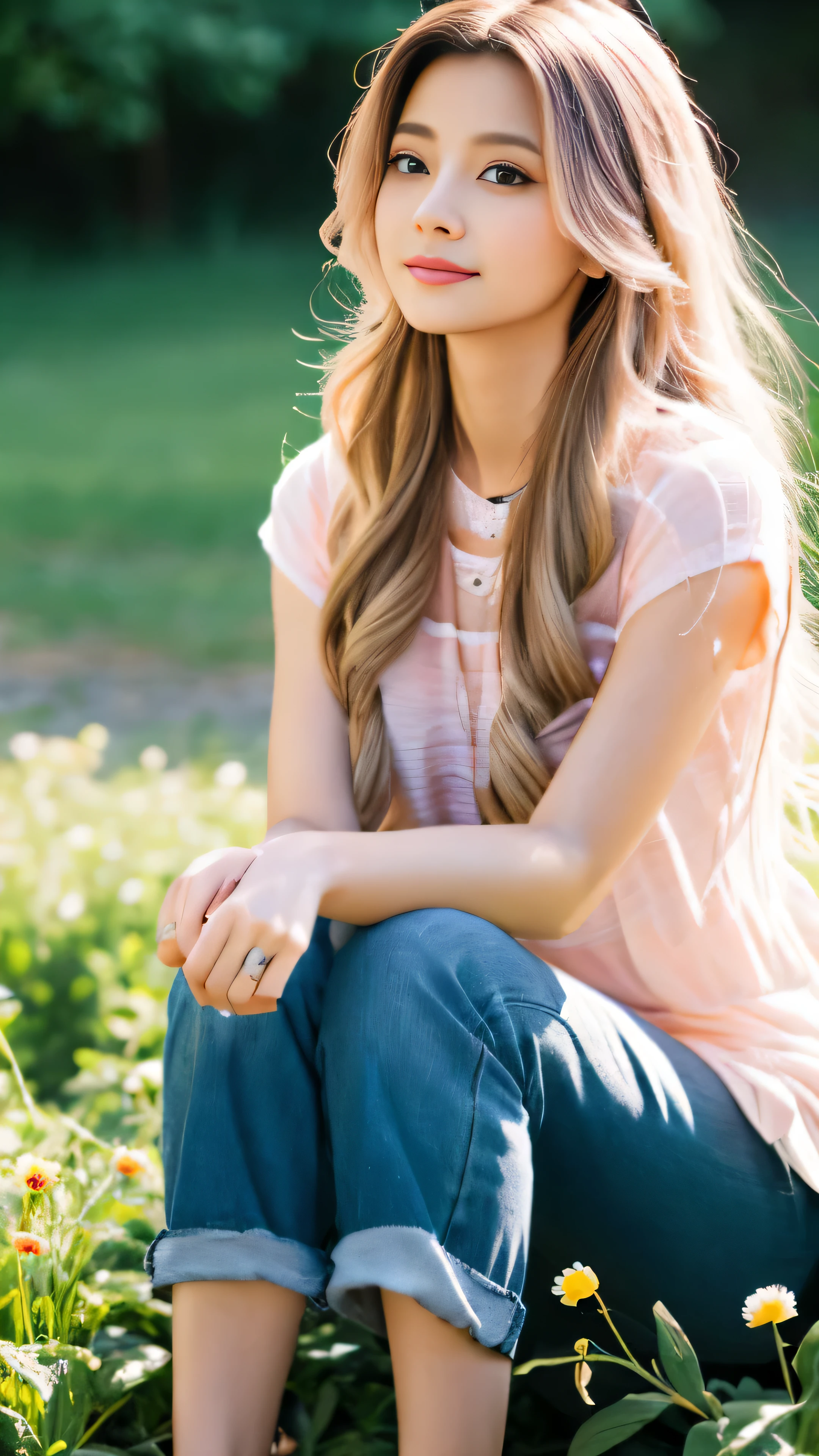 (masterpiece, highest quality), One girl with long white hair sitting in a field of green plants and flowers, Warm moonlight, blurred foreground, pink shirt，river bank, denim shorts, High-definition images,