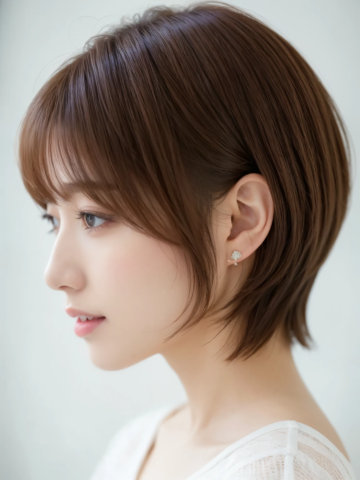 Taken in front of the white door、(8K、Raw photo、highest quality、masterpiece:1.2)、High-definition RAW color photo、professional photos、(realistic、フォトrealistic:1.37)、Shot in natural light、1 girl、laughter、(Versatile poses)、squat、squat、break (Ombre:1.3) 、Winter clothes、 necklace、(pastel clothing)、(Beautiful profile:1.3)、Don't look at the camera、profile、shortcut、((brown hair)、short hair、Eye color dark brown、(Beautiful profile:1.3)、correct hand of human body、Large piercings