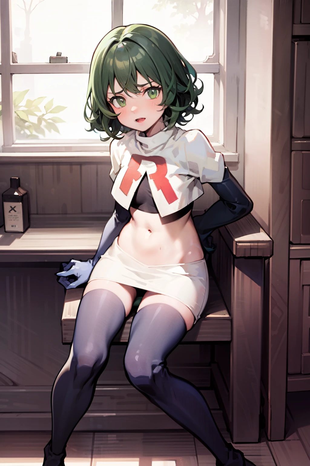 Natural Volumetric Lighting And Best Shadows, Deep Depth Of Field, Sharp Focus,1girl, solo, Terrible_Tornado,looking_at_viewer, blush, short_hair, bangs, green_hair, green_eyes,detailed eyes, small_breasts, green_hair, side_slit, curly_hair, flipped_hair,team rocket,team rocket uniform, red letter R, white skirt,white crop top,black thigh-highs,black elbow gloves