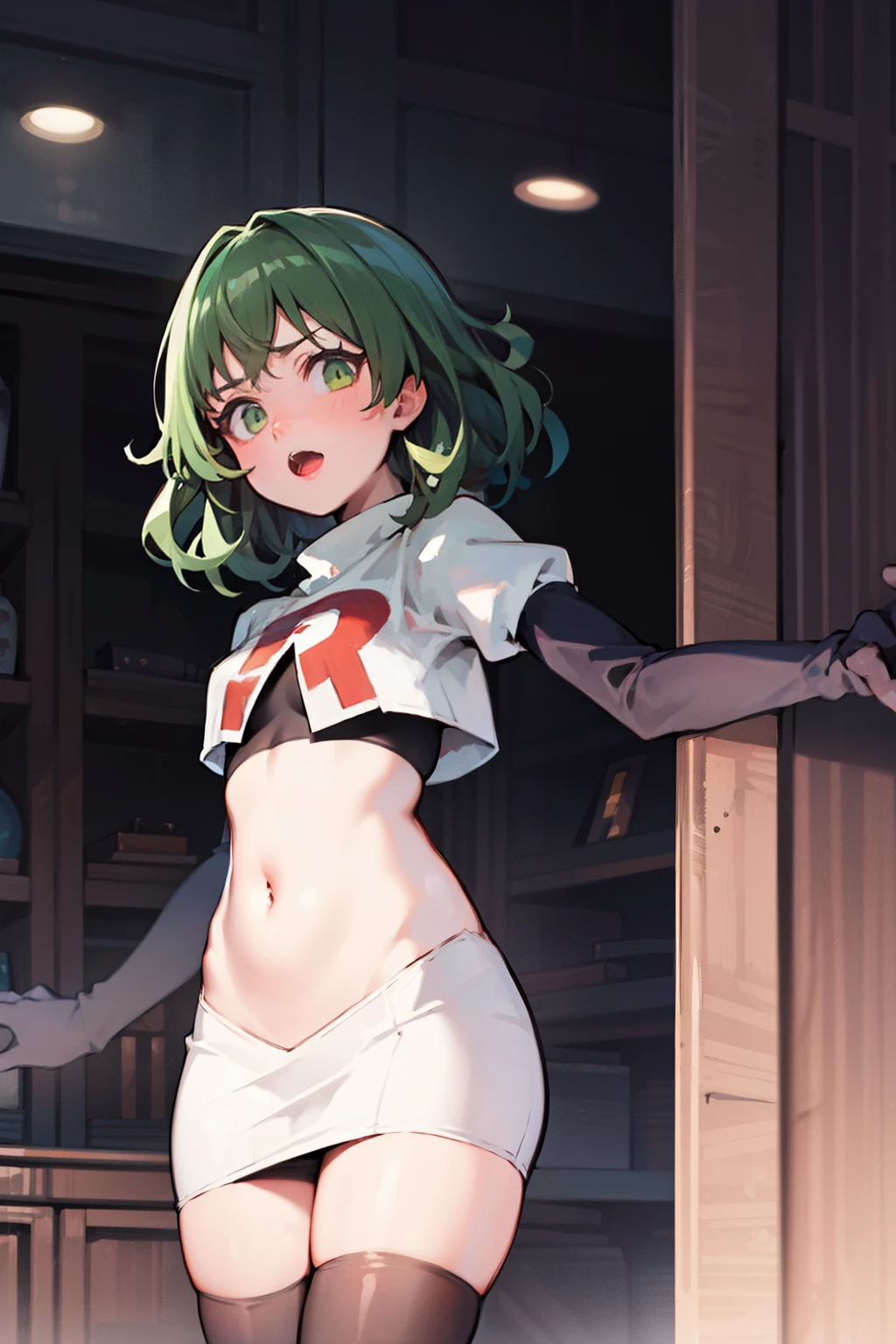 Natural Volumetric Lighting And Best Shadows, Deep Depth Of Field, Sharp Focus,1girl, solo, Terrible_Tornado,looking_at_viewer, blush, short_hair, bangs, green_hair, green_eyes,detailed eyes, small_breasts, green_hair, side_slit, curly_hair, flipped_hair,team rocket,team rocket uniform, red letter R, white skirt,white crop top,black thigh-highs,black elbow gloves