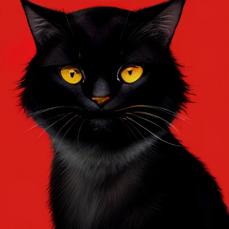 Black cat  smiling logo design, graphic design, drawing in bright red  color,bright red background 