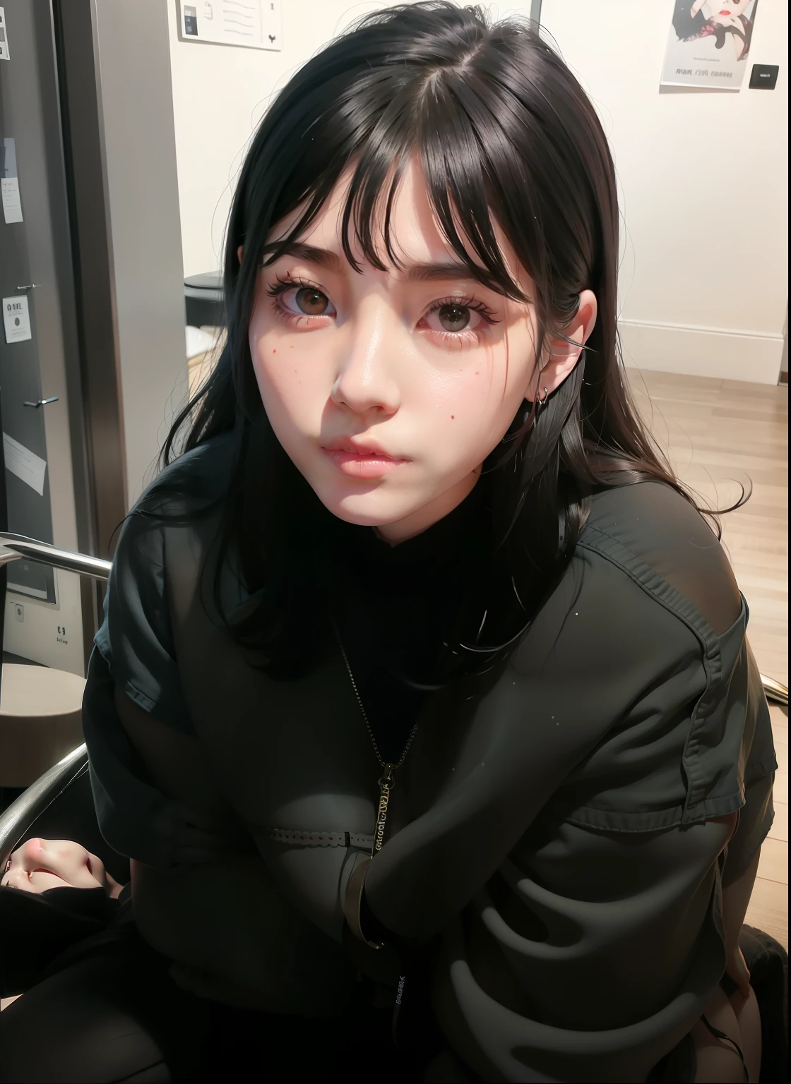 there a woman with a nose piercing sitting on a chair, ulzzang, muchacha coreana, retrato realista kawaii, cruel korean gothic girl, jaeyeon nam, korean symmetrical face, maquillaje coreano popular, heonhwa choe, Jinyoung Shin, 🤤 girl portrait, sol yunjoo, pale korean adorable face, maquillaje popular de corea del sur