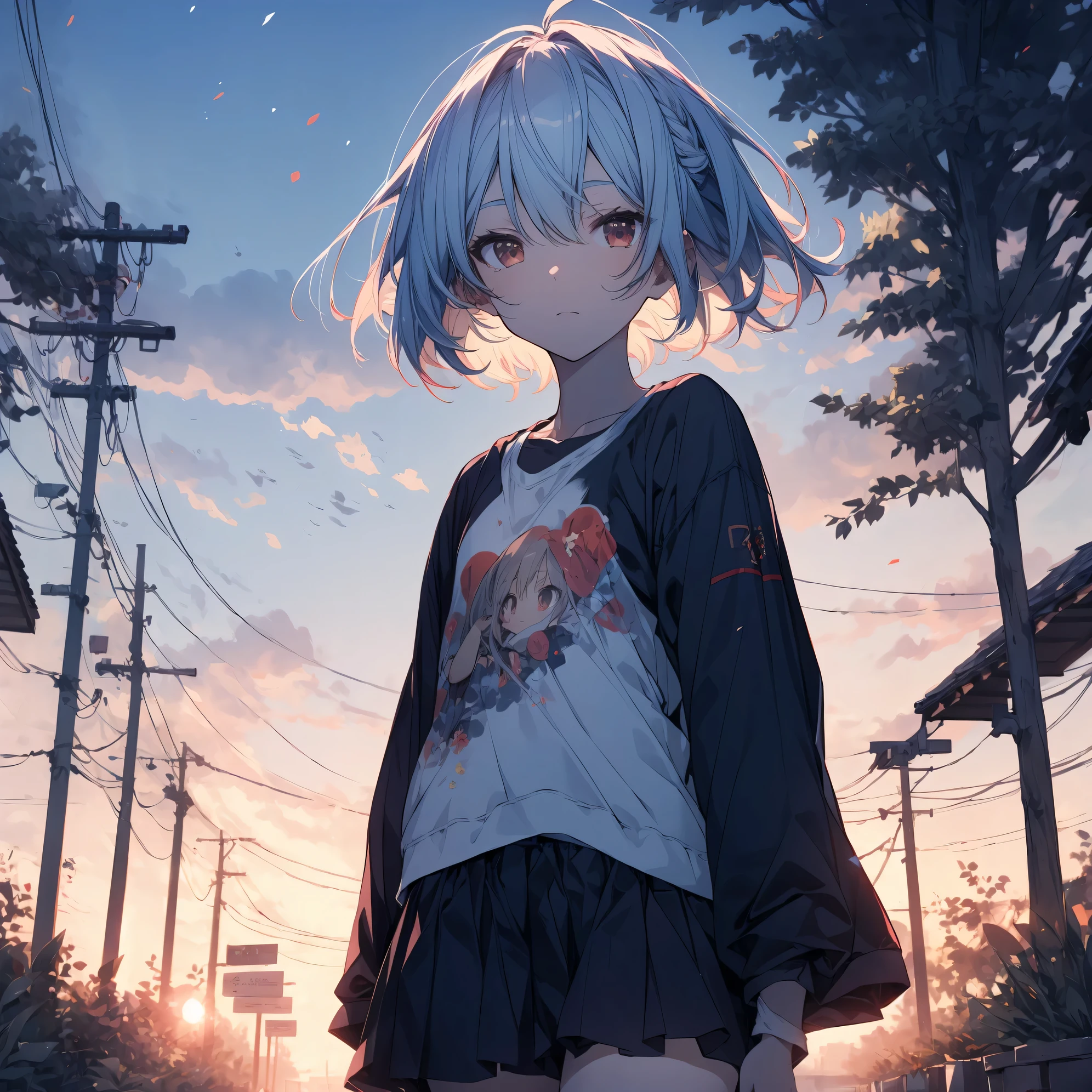 Super high quality by the art god, super detailed, High resolution, Ilya Kubshinov style, anime moe art style, best anime 8K konachan wallpaper, pixiv contest winner, perfect anatomy, break,(Please draw a sleepy girl walking alone to the village.. ),break, surreal tomboy, (alone,change, child,:1.3),All limbs, full finger, ((black skin)), androgynous charm, (silver hair), messy hair, Ahoge, flat and soft chest, small ass, between legs, small eyes,beautiful detailed red eyes, Well-proportioned iris and pupils, High resolutionの詳細な髪, ((Tank top, skirt:1.3)), bare shoulders, In front of Satoyama. break,super dense skin, Best lighting by famous artists, 8K, figure,