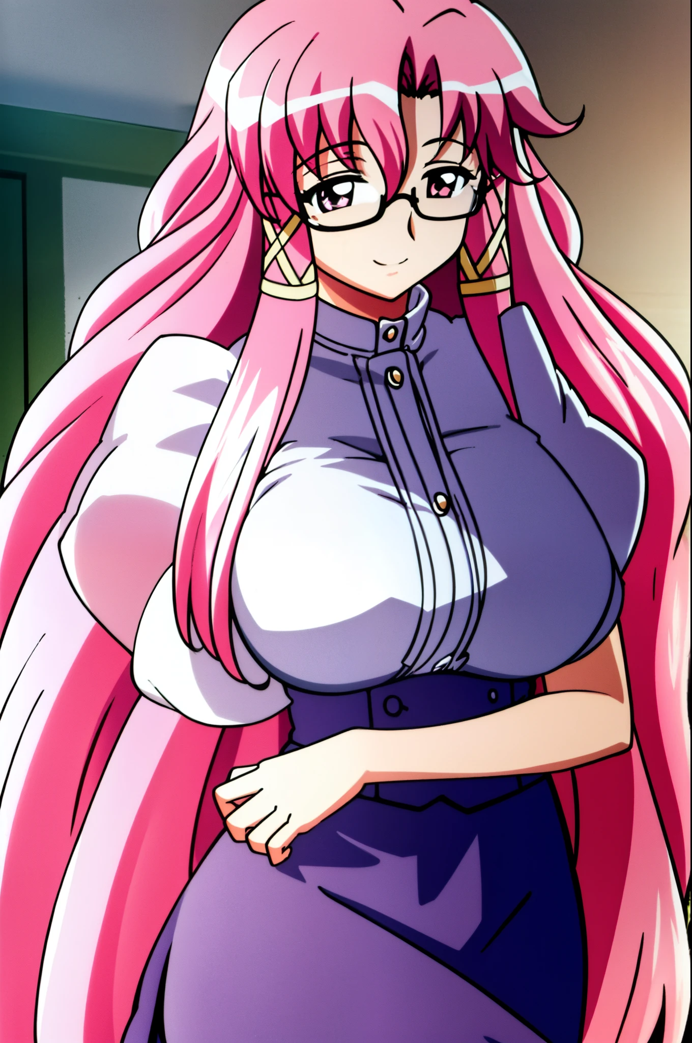 best quality,HDR,8K,colorful lighting,pink-haired girl with long hair,pink-eyed,female,girl in the center of image,sexy body,big breast,school,teacher clothes,glasses,full body