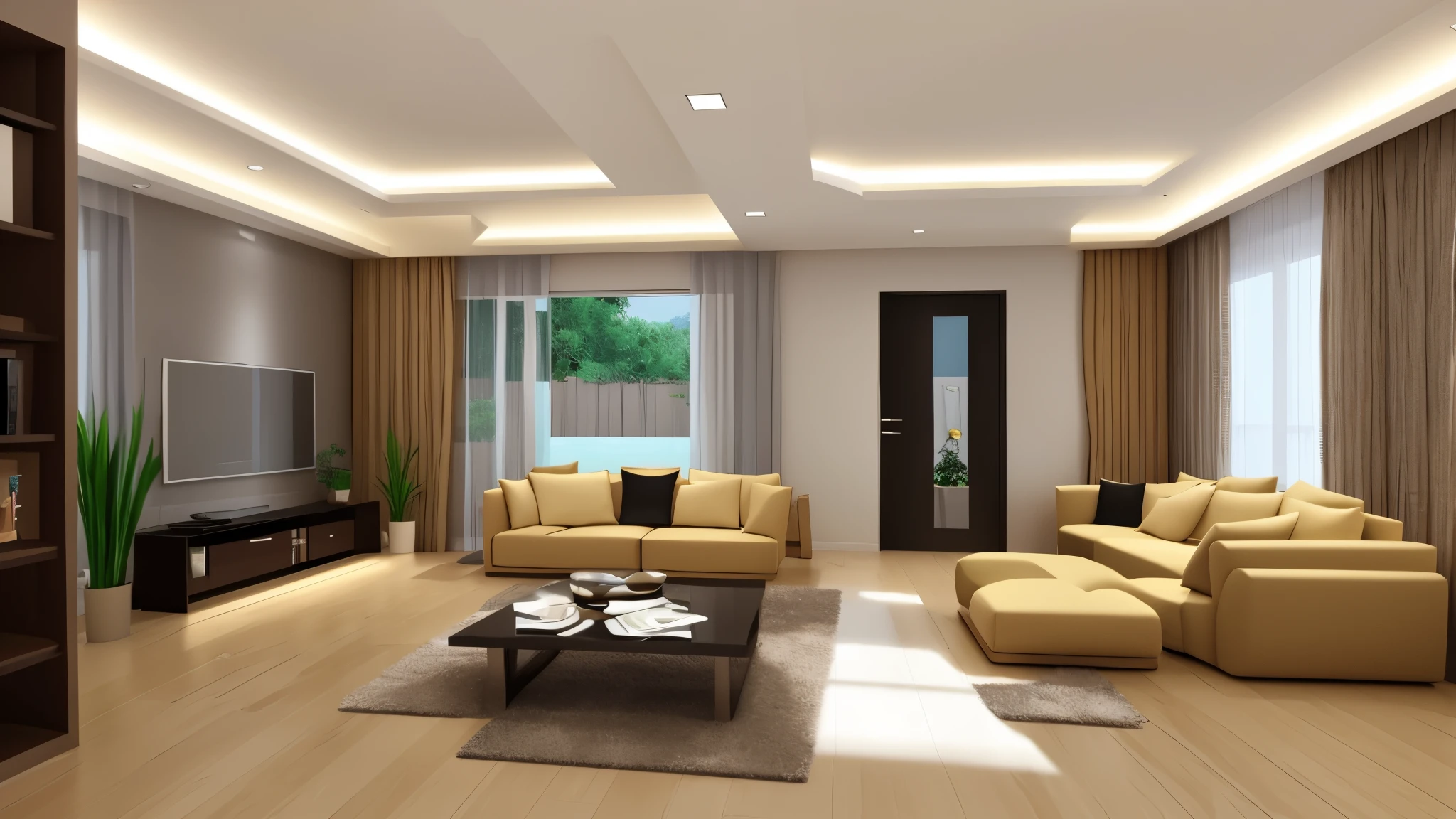You are a famous interior designer、You have been asked to create a 3D image of a modern large room. Create a harmonious environment with modern and minimalist furniture. Including garden interior.
