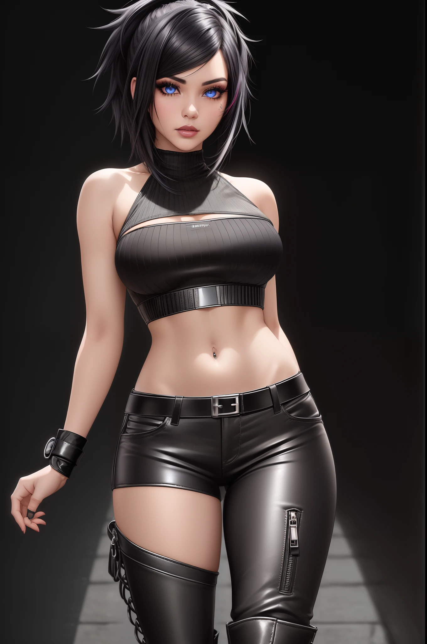 beautiful girl, ((standing:1.4)), (confident gaze:1.1), full body, short bright neon streaked black hair, ((realistic highly detailed eyes:1.4)), ((seductive pose:1.2)), black eyeshadow, (street style wear:1.2), ((tight fitted pants)), ((knee high leather boots)), ((dark plain black background:1.4)), dark makeup, digital art, trending on artstation, highly detailed, fine detail, intricate, detailed facial features, sharp focus, smooth, aesthetic,