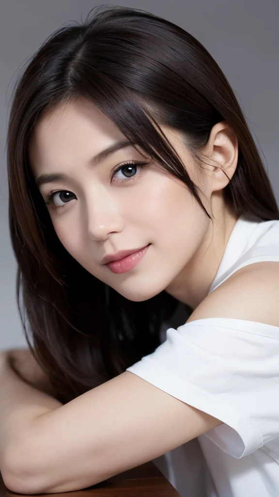 (Highly detailed CG Unity 8K wallpaper,table top, highest quality, super detailed, look at the camera:1.2, light shines on your face:1.5, gray background, professional lighting), 28-year-old woman in Japan, Charming detective assistant, (length:1.2), intellectual facial expressions, shining eyes, slim body shape, Passionate attitude, Sophisticated clothing, Interesting gaze, intellectual, Strong sense of responsibility, Stylish appearance, confident smile, Professional atmosphere, Dark brown hair color, Medium height, あなたがintellectualに感じるようにドレス, Knowledgeable impressions