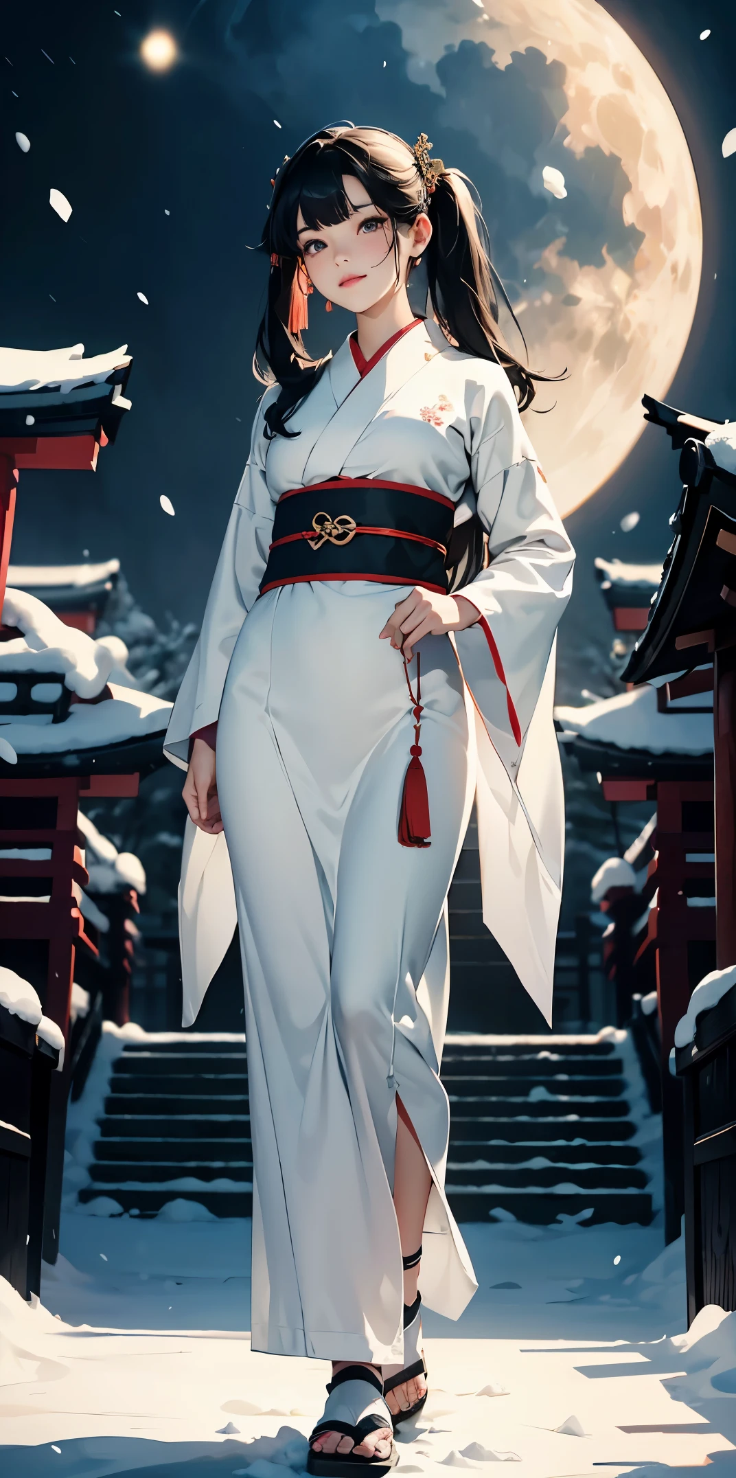 masterpiece、High resolution 8K、NSFW、sharp focus、contrast lighting、fine skin、 ultra high resolution、ultra high resolution、Detailed CG、snow scene at night、moon、lanthanum、石のlanthanum、that&#39;It&#39;s snowing、Former shrine of Japan、temple、Scenery with the main shrine torii gate - Angle、walk down the long stone stairs、Big pine tree、full body shot、Beautiful woman、beautiful eyes、(detailed face and iace:1 2)、narrow eyes、almond eye、brown eyes、gradation eye、highlight:1.2)、(beautiful black hair、middle、asymmetrical bangs、twin tails)、(japanese shrine maiden costume、White Priestess Costume)、(plump lips、glossy lips、small chest size) 、(oval face : 1.4)、(thin fingered arms、detailed human hand)、half-open smile、teeth visible、long shot