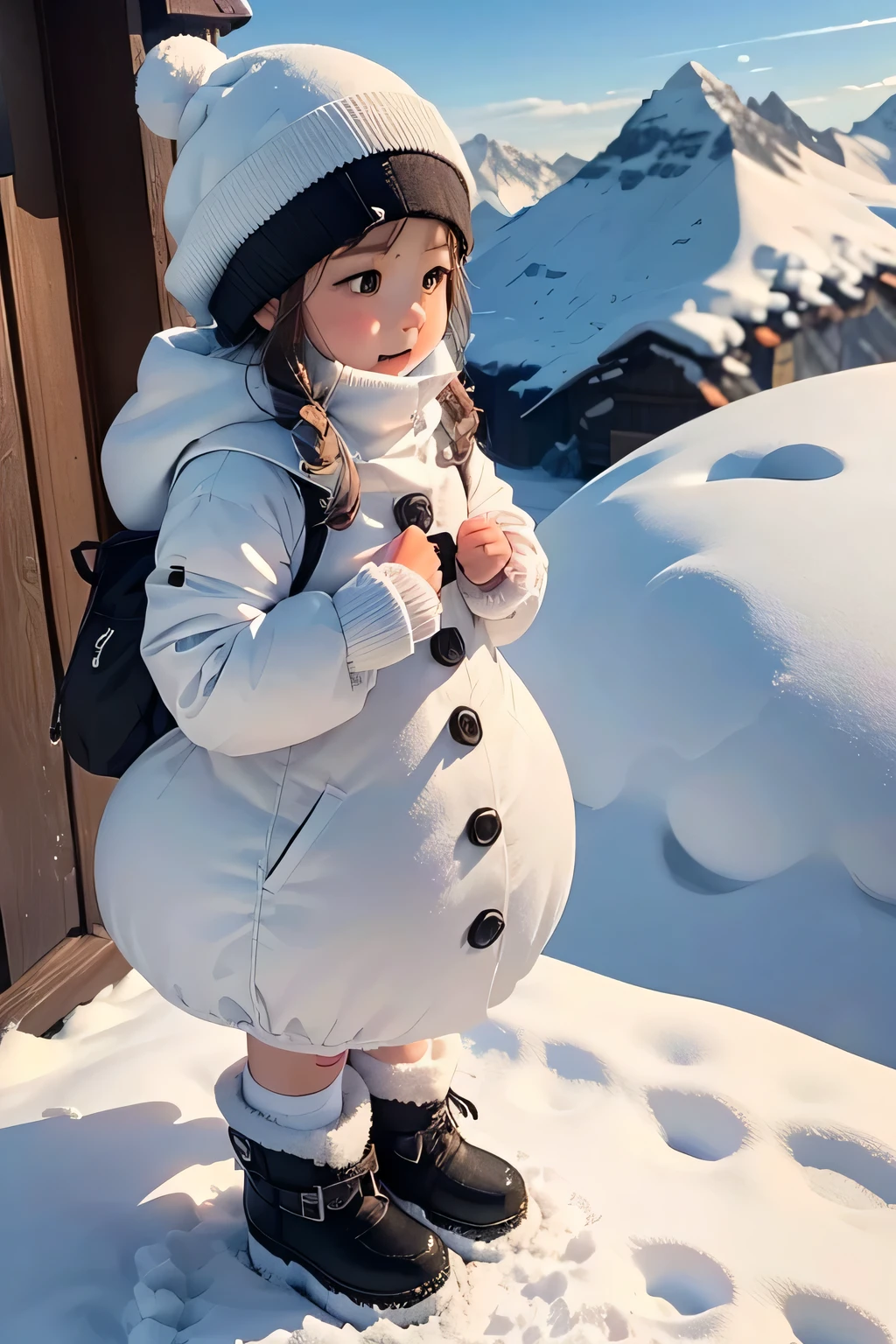 snowman, white costume、round silhouette、black buttons、Carrot nose、snowmanの帽子、snowmanのスカーフ、Snowflake Decoration、Winter boots, (A two-shot with a cute girl outside the mountain hut)