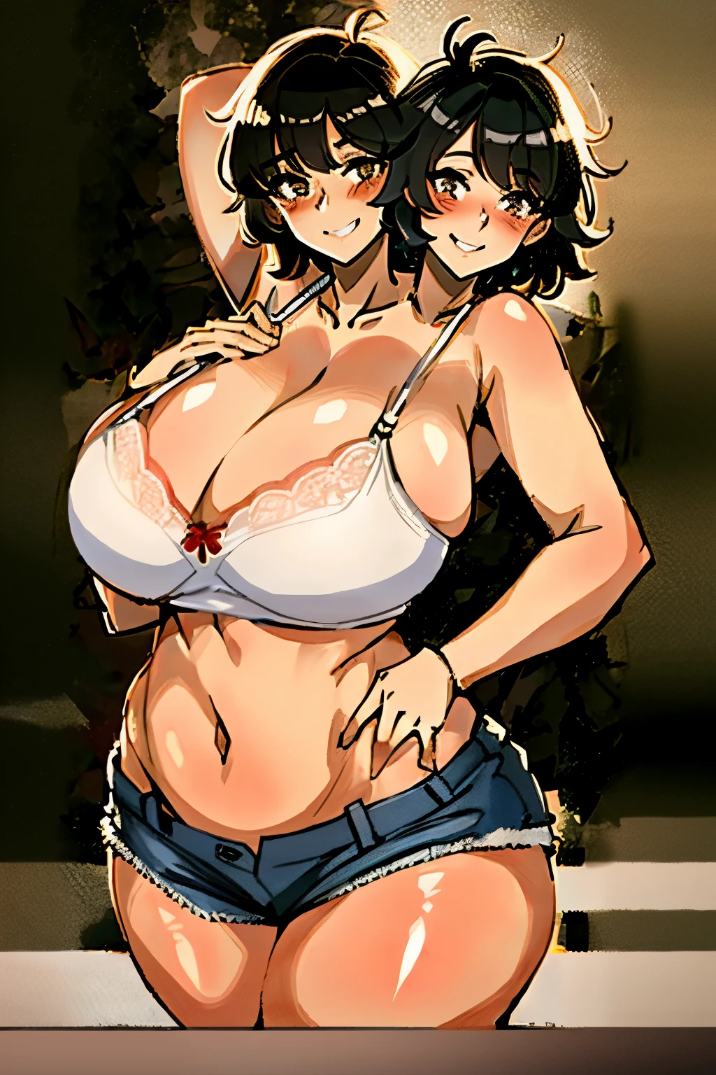 2heads, a short chubby woman with 2 heads. She has gigantic breasts. She  wearing just a tiny bra and jeans. She  blushing. She looks confident. She has gigantic breasts. She  smiling. She has messy hair.