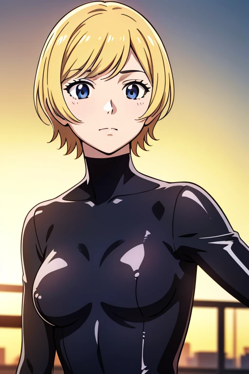 mangamichirum, 1girl, blond hair, short hair, medium breast, shiny black bodysuit, long sleeve, upper body, looking at view, masterpiece, high resolution, best quality, anime colored, 8k, photorealistic
