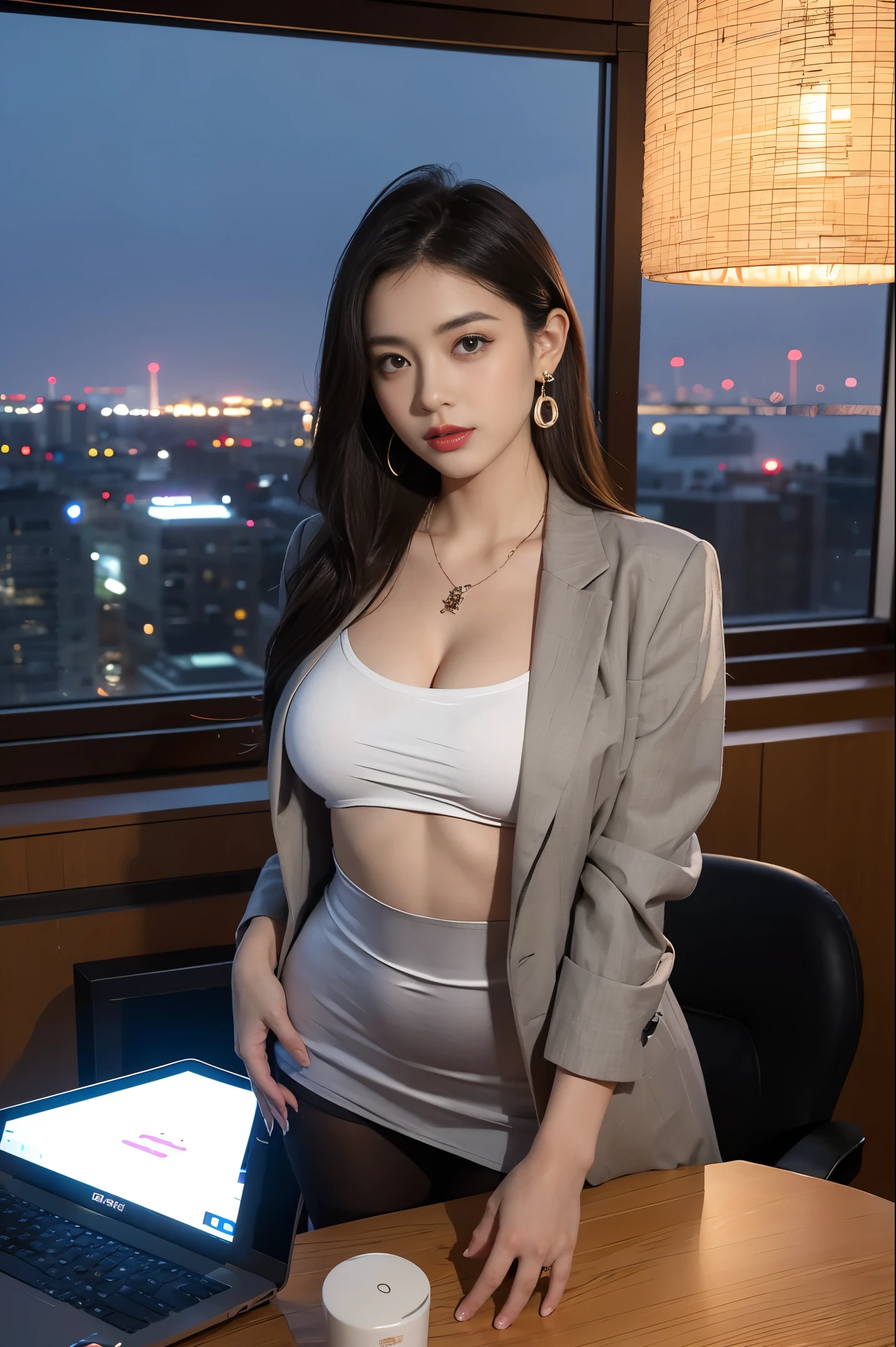 in the office，a young beautiful lady，Wear professional attire，gray blazer，Lace bandeau underwear，slit covered skirt。Bigger and wider hips，thin waist，The upper body  rounder，full，Super in shape。Dressed up with jewelry，necklace，earrings，watch，High heel，black stockings。Painted with light makeup，beautiful eyeeautiful lips，very beautiful，Very temperamental。at desk，camel toe，Look at the file，With computer and keyboard。Background  modern city office buildings，Very modern，There  a lot of space，Outside the window  the night view of the city，Modern Shanghai city night view。8 p.m，City neon lights flashing。Professional lighting effectovie shot，intricate details，The best resolution，masterpiece。Complete normal hands，intricate details