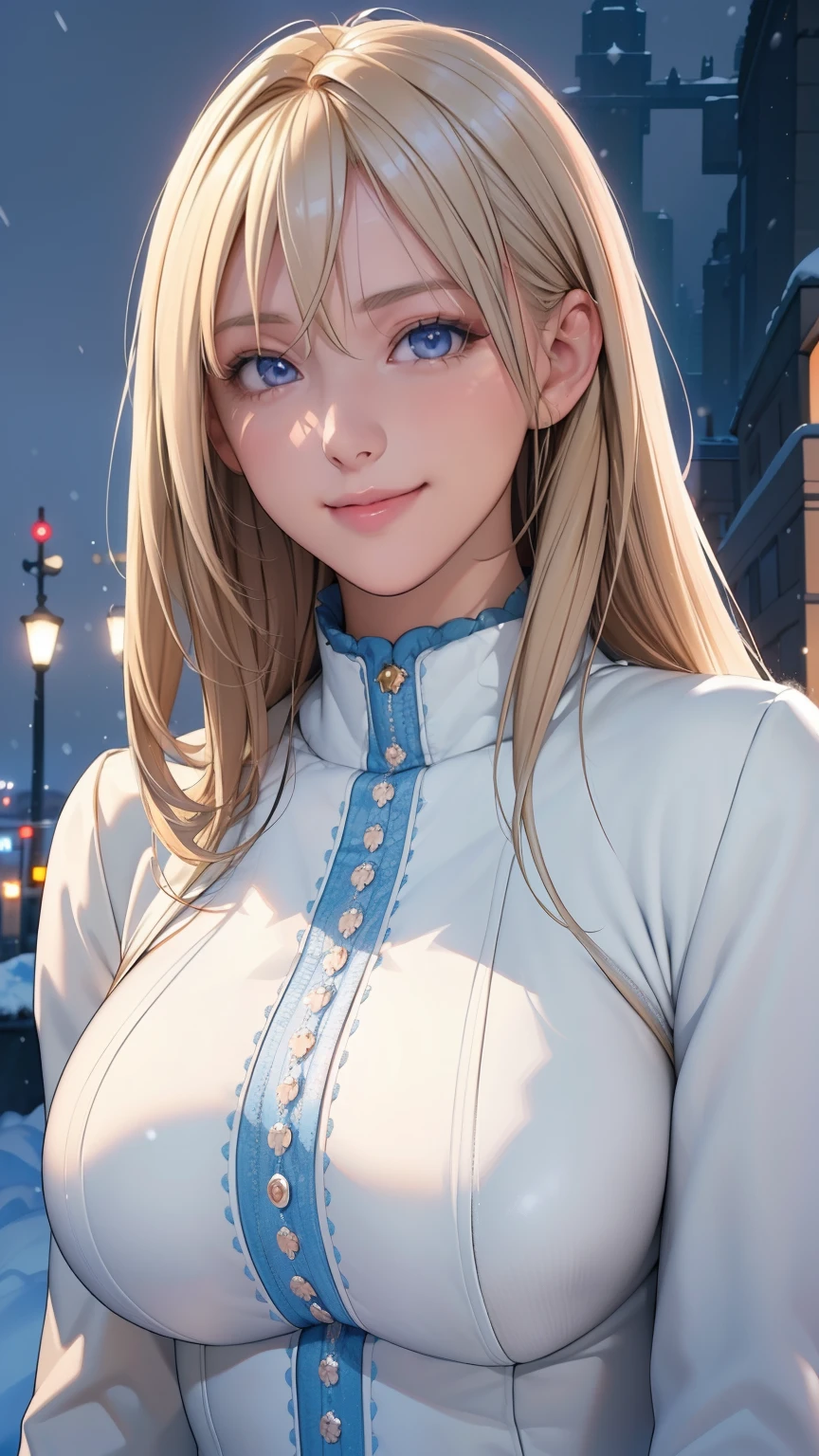(masterpiece), (best quality), 1girl, (perfect face:1.2), (beautiful face:1.2), platinum blonde hair, (from under, upper body:1.3), happy, light smile, looking at viewer, pose,
winter coat, outdoors, winter, snow, night time, intricate, depth of field, cinematic lighting,
