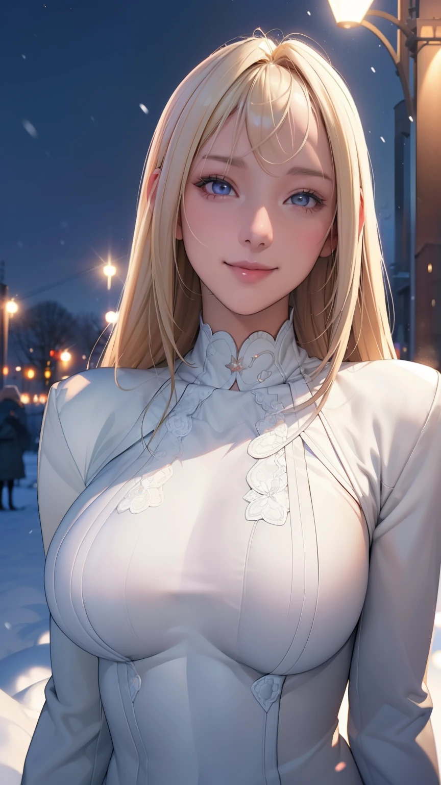 (masterpiece), (best quality), 1girl, (perfect face:1.2), (beautiful face:1.2), platinum blonde hair, (from under, upper body:1.3), happy, light smile, looking at viewer, pose,
winter coat, outdoors, winter, snow, night time, intricate, depth of field, cinematic lighting,