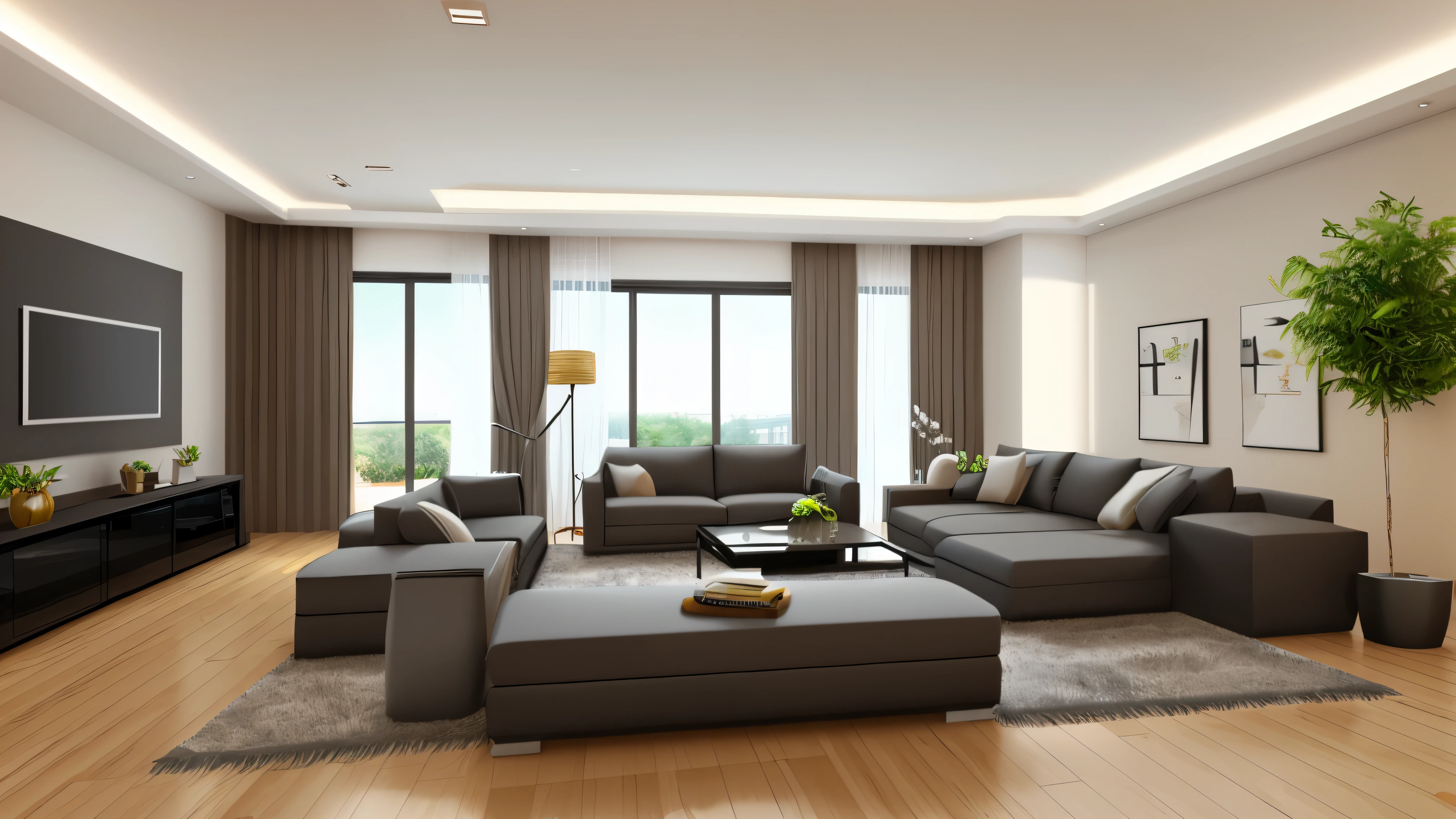 You are a famous interior designer、You have been asked to create a 3D image of a modern large room. Create a harmonious environment with modern and minimalist furniture. Including garden interior.